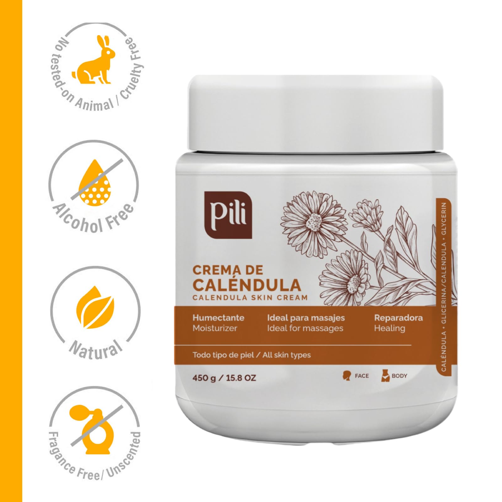 **Pili Natural Calendula Cream – Hydrating Moisturizer for Dry, Rough, or Chapped Skin – Soothing Face, Hand & Body Cream with Beeswax & Glycerin – 15.8 oz – Perfect for Daily Skincare & Post-Sun Care**