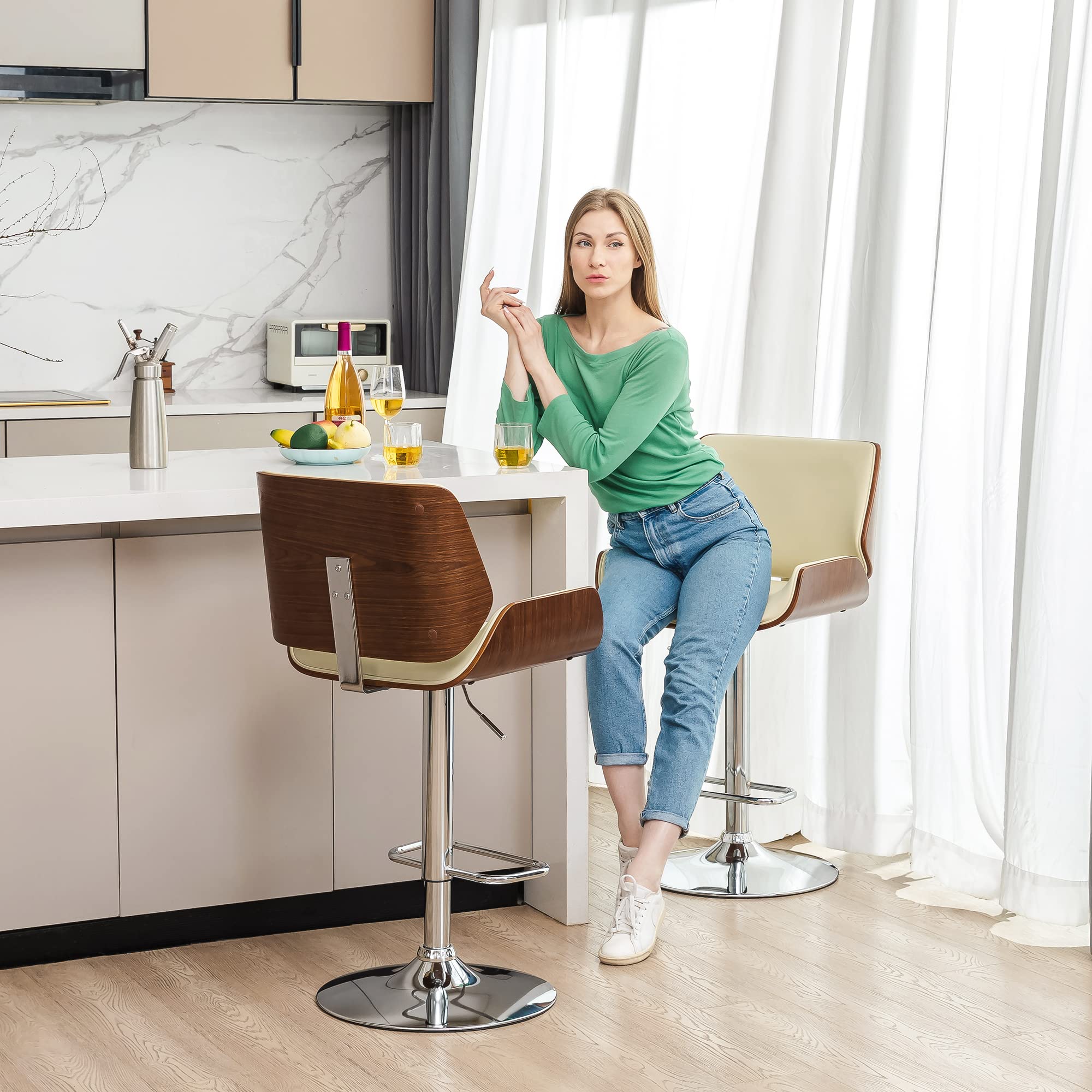 Glitzhome Adjustable Bar Stool Set of 2 - Swivel Mid-Century Modern PU Leather Counter Height Dining Chairs with Back Support - Perfect for Kitchen Island, Breakfast Nook & Home Bar Decor