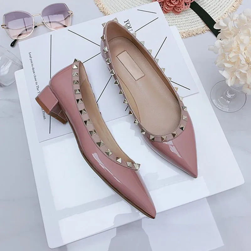Luxury Leather Rivet High Heels for Women - Designer Pointed Toe Square Heel Pumps | Perfect for Evening Parties, Weddings & Office Wear