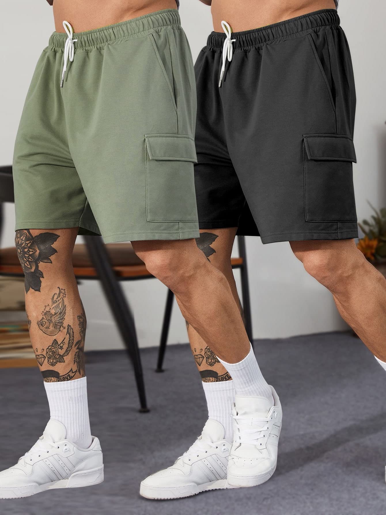 HDZWW Men's Casual Shorts - 2-Pack Stretch Drawstring Waist Athletic Shorts with Side Pockets - Breathable Summer Beach Shorts for Running, Gym & Outdoor Activities (Multicolor, XXL)