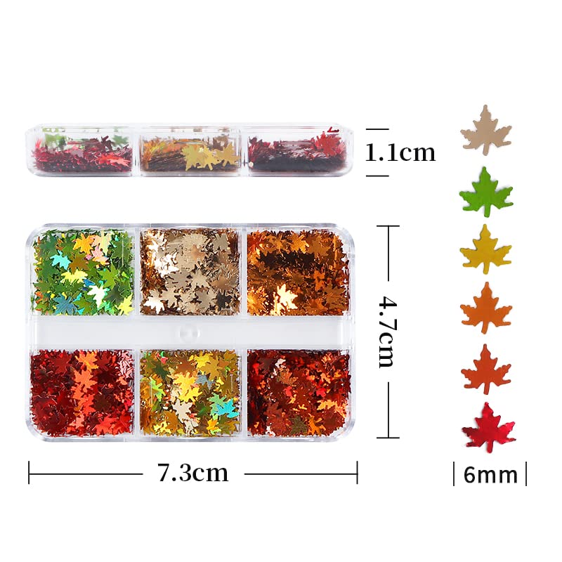 6 Grids 3D Fall Nail Art Stickers - Autumn Maple Leaf Glitter Nail Decals with Holographic Laser Sequins for Thanksgiving & Halloween Nail Designs - Perfect for Seasonal Manicures, Parties and Special Occasions