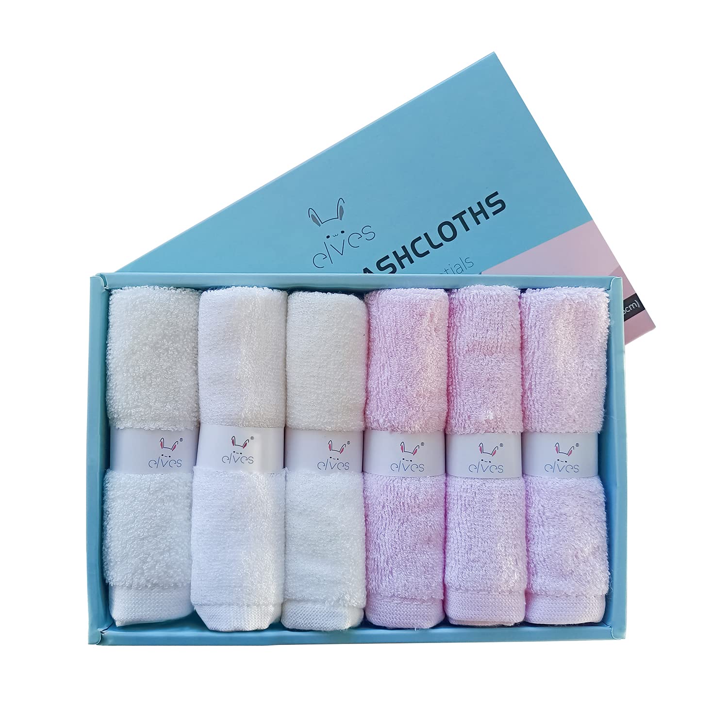 Elves Bamboo Viscose Baby Washcloths Set of 6 - Ultra Soft Face & Body Wash Towels for Newborns - Gentle Baby Girl Washcloths (White & Pink) - Perfect for Bath Time, Sensitive Skin Care & Nursery Essentials