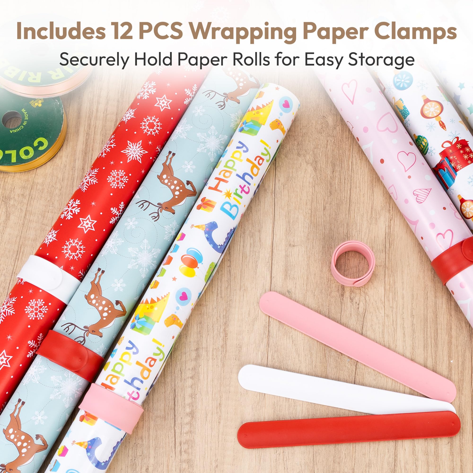 Rolling Gift Wrapping Organizer Cart with 12 Slap Bands - Portable Wrapping Paper Storage Station, Ribbon Holder, Blueprint & Poster Organizer for Crafts, DIY Projects, Home Office & Holiday Gift Wrapping
