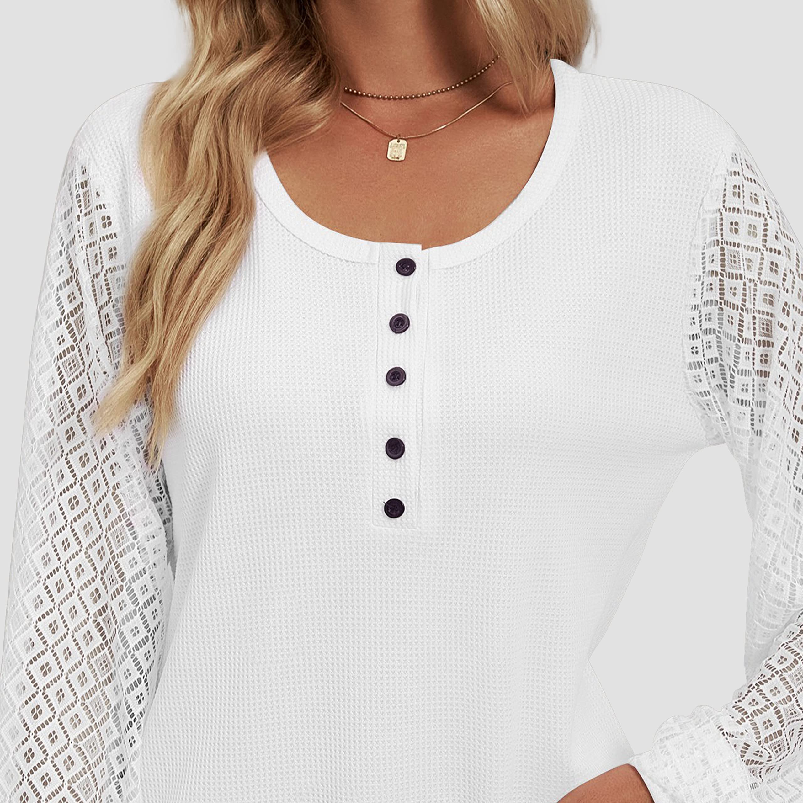 Famulily Women's Long Sleeve Lace Shirt - Waffle Knit Casual Button Up V-Neck Henley Top | Perfect for Work, Date Night & Everyday Wear