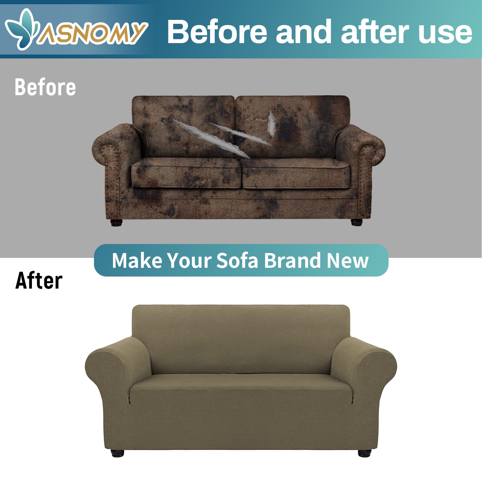 Stretchable 2-Cushion Loveseat Sofa Slipcover - Pet-Friendly Jacquard Spandex Fabric with Small Checks (Medium, Khaki) | Perfect for Living Room, Apartment & Pet Protection