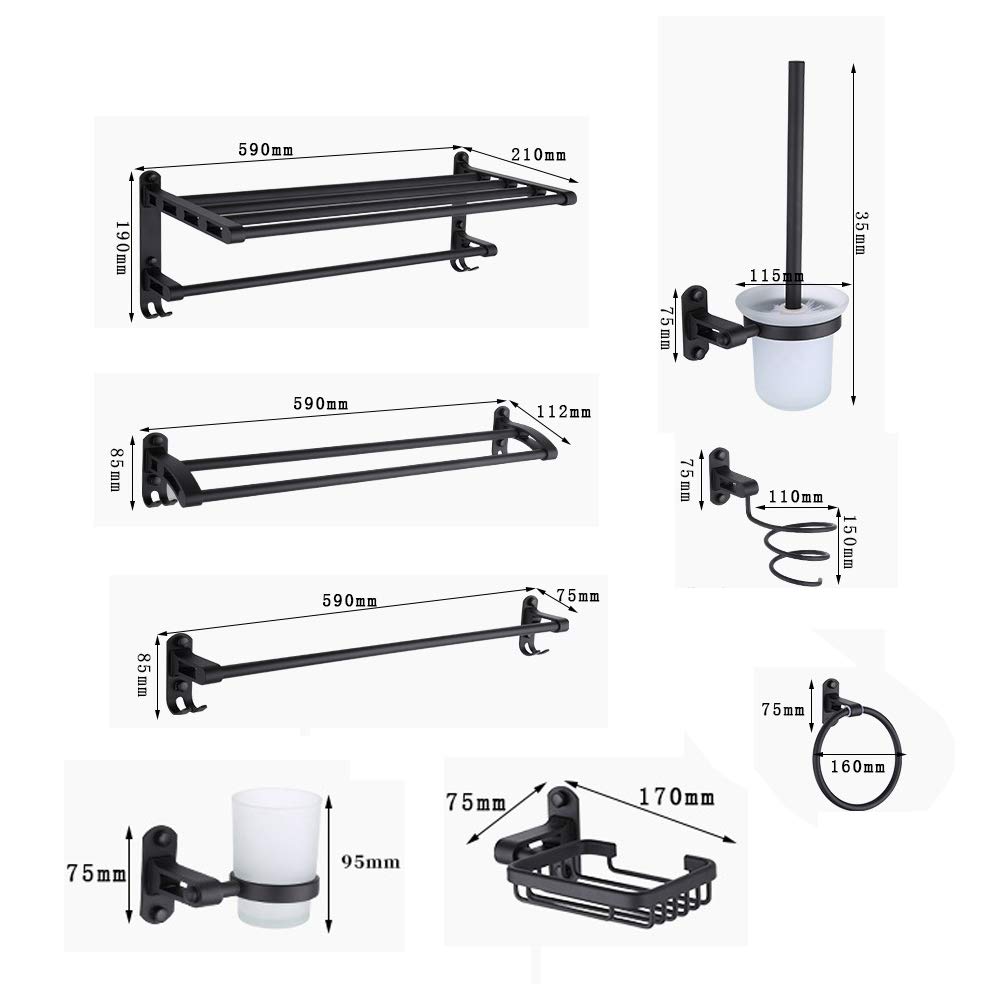 9-Piece Matte Black Bathroom Accessory Set - Wall Mounted Towel Bar with Double Rod, Towel Ring, Hair Dryer Holder, Toilet Paper Holder & Brush Holder - Modern Bathroom Organization for Home & Hotel Use