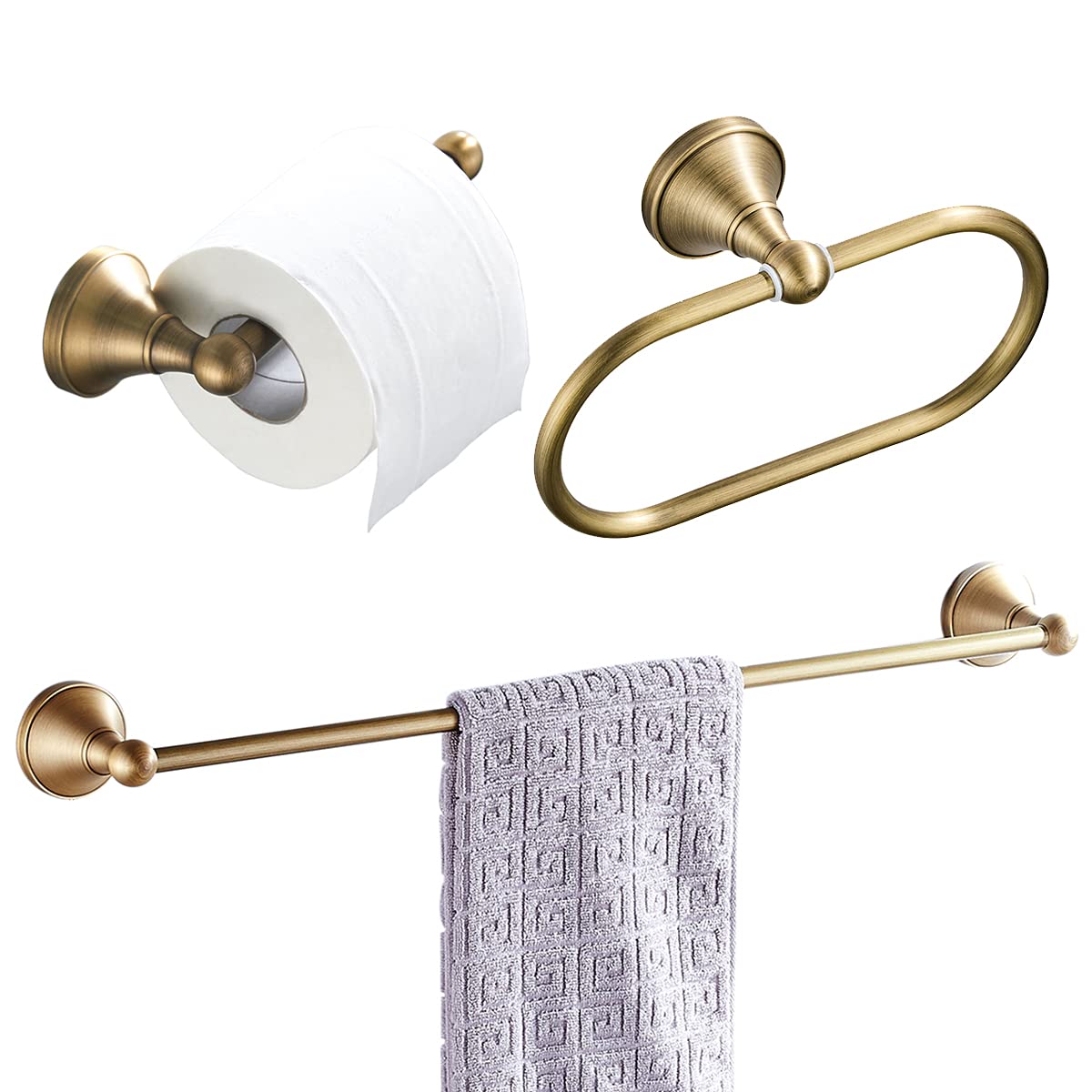 Flybath 3-Piece Bathroom Set - Antique Brass Toilet Paper Holder, Oval Towel Ring & Wall Mounted Towel Bar | Brushed Bronze Finish | Perfect for Modern & Vintage Bathroom Decor