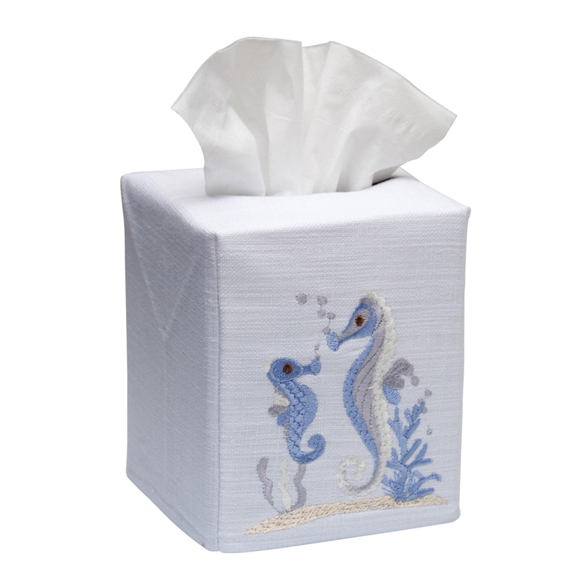 Jacaranda Living Square Tissue Box Cover - Linen Cotton Fabric Tissue Holder, Decorative Cloth Tissue Cube Cover with Coastal Seahorse & Baby Duck Egg Blue Design - Perfect for Bathroom, Bedroom, Living Room and Coastal Home Decor
