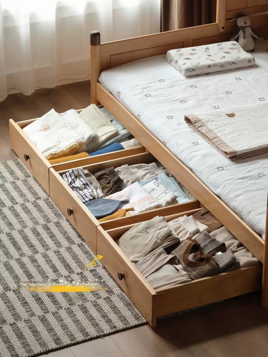 Solid Oak Wood Multi-Function Storage Bed - Queen Size Platform Bed with Underbed Drawers for Small Space Bedroom, Guest Room & Studio Apartments