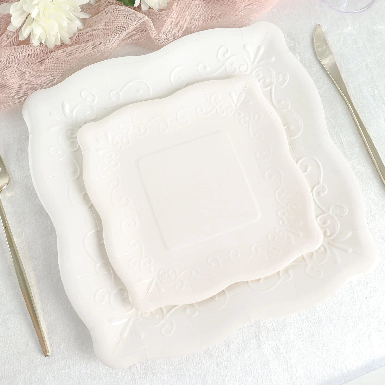 25 Pack Square Disposable Dessert Plates with Elegant Scroll Design - Perfect for Parties, Weddings, and Dinner Events