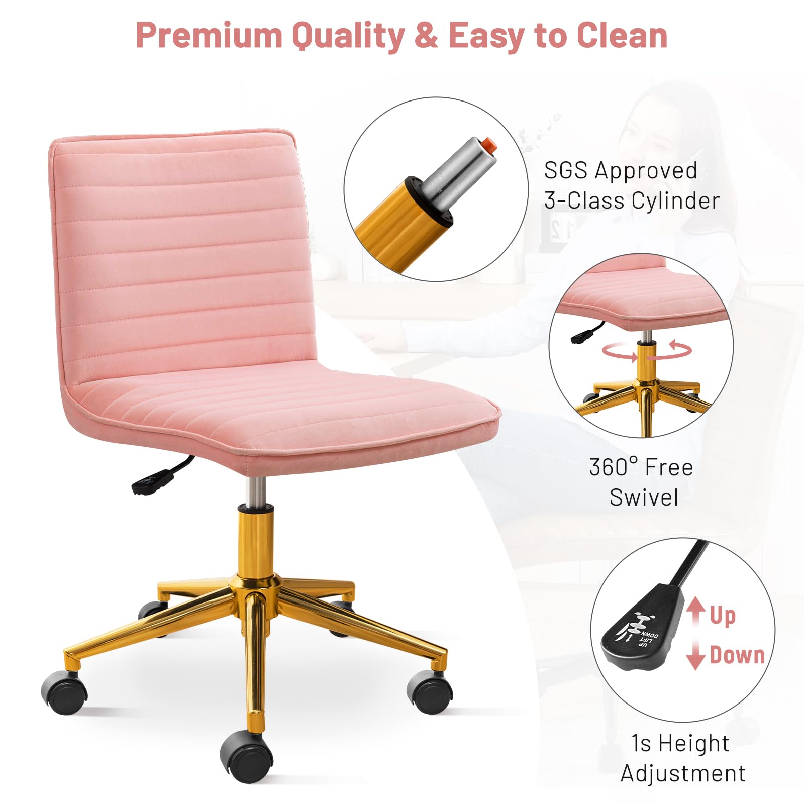 Furniliving Armless Vanity Chair with Wheels - Adjustable Height Soft Velvet Rolling Desk Chair with Gold Metal Base (Pink) | Perfect for Makeup Vanity, Home Office & Computer Workstation