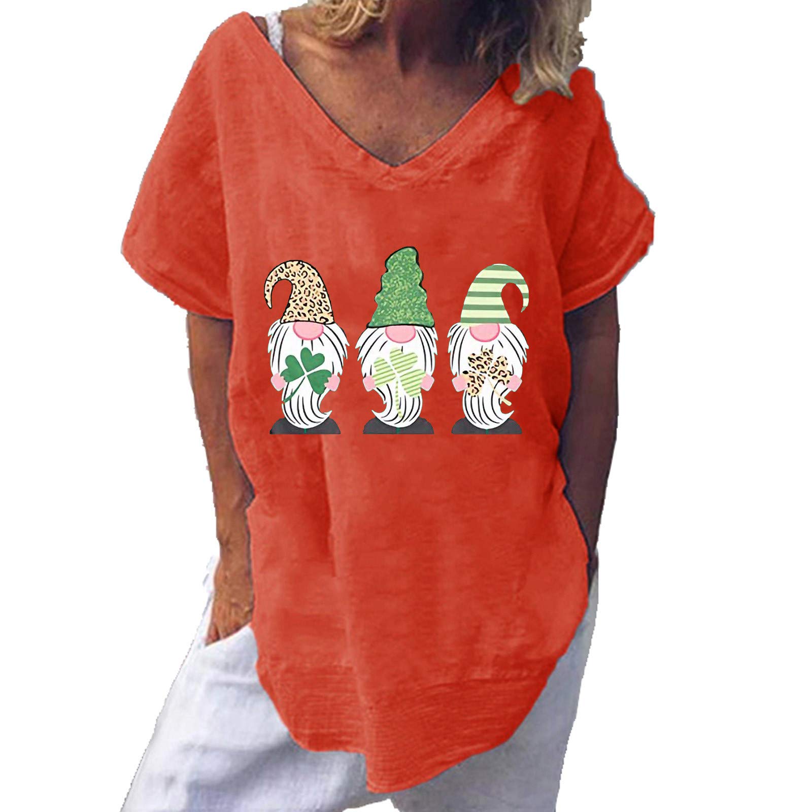 Women's Casual Loose Fit V-Neck Short Sleeve Blouse - St. Print Flowy T-Shirt in White | Perfect for Summer Outfits, Beach Wear & Everyday Comfort