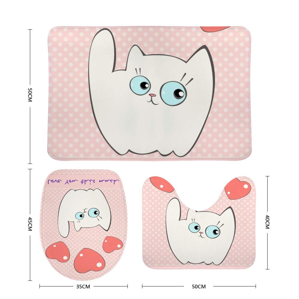 3-Piece Cute White Kitten Bath Rug Set - Anti-Slip Absorbent Bath Mats, Toilet Lid Cover & U-Shaped Contour Rug - Machine Washable for Bathroom Safety & Comfort - Perfect for Cozy Home Decor and Pet-Friendly Spaces