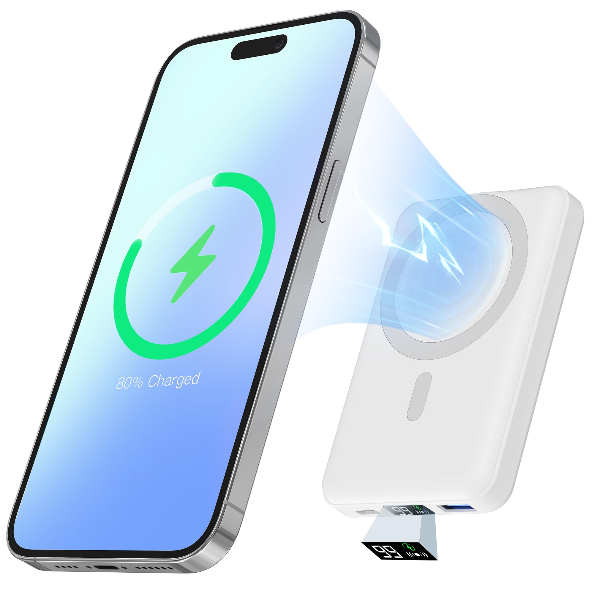 10000mAh Magsafe Magnetic Power Bank - 22.5W PD Fast Charging Wireless Portable Charger with LED Display & Type-C Cable for iPhone 16/15/14/13/12 Series (White) | Perfect for Travel, Work & Outdoor Activities