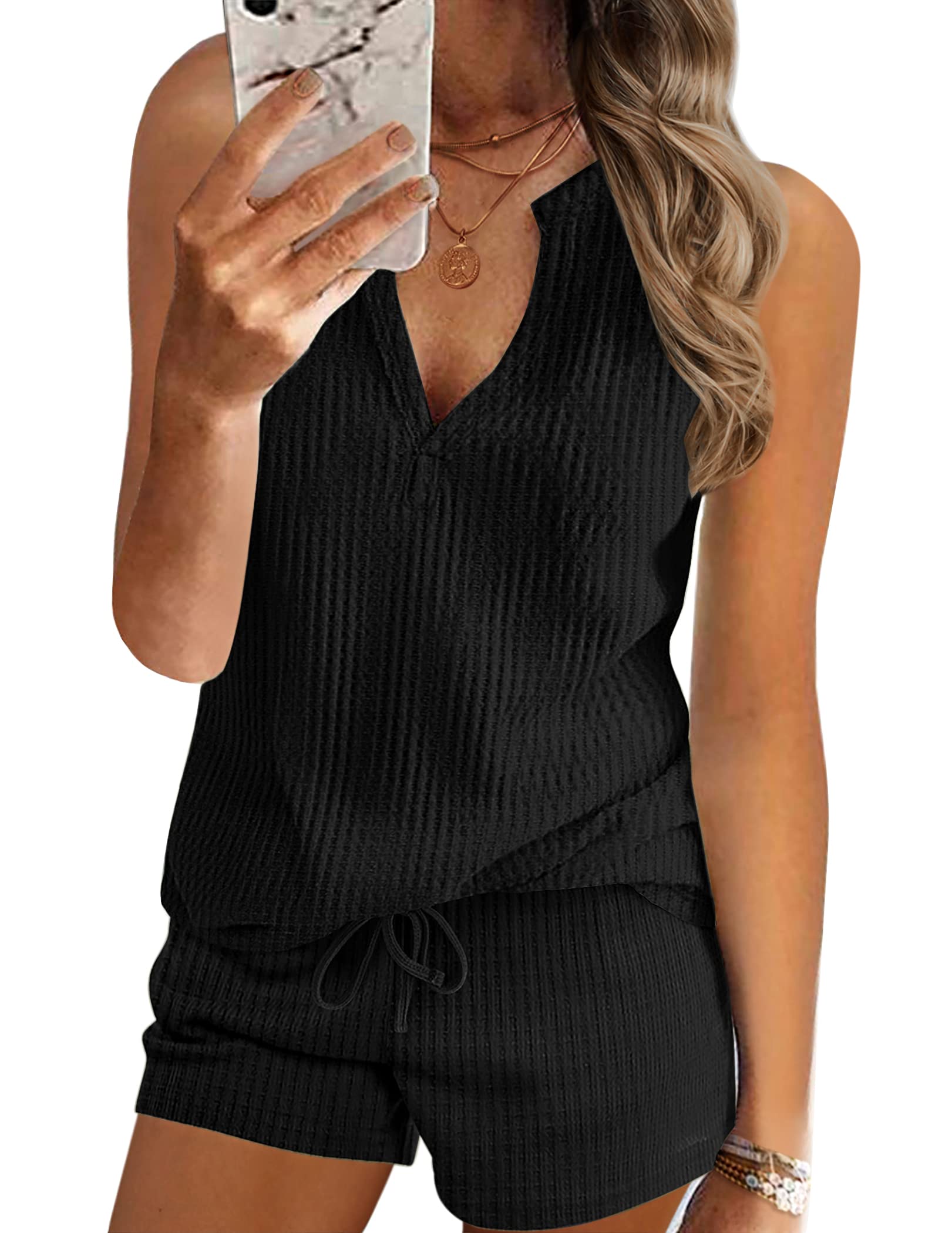 Ekouaer Women's Waffle Knit V-Neck Pajama Set - Tank Top & Shorts Lounge Set | Soft Sleepwear & Casual Home Outfit for Relaxing, Lounging & Vacation