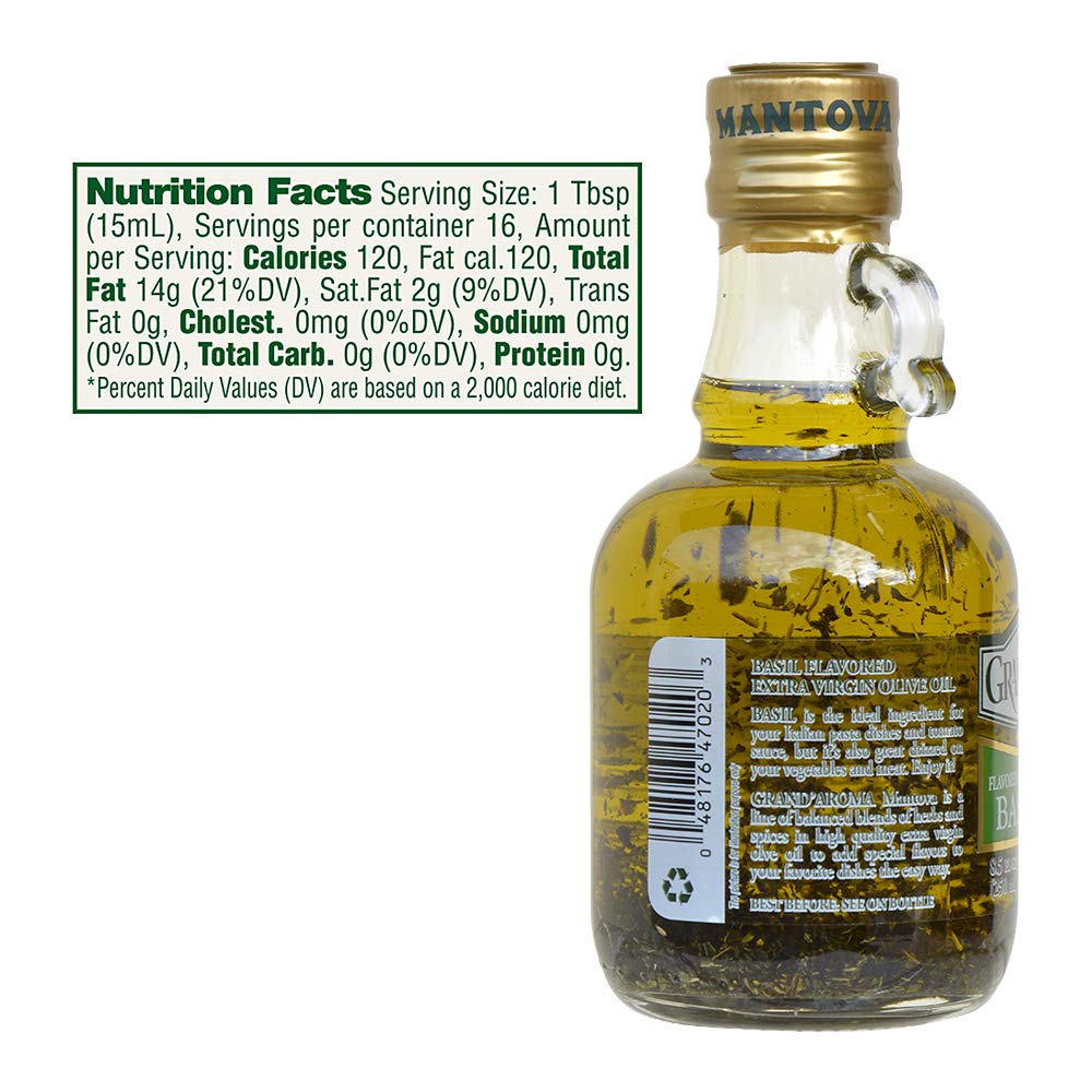 Mantova Grand'Aroma Basil Flavored Extra Virgin Olive Oil - Cold-Pressed 100% Natural Italian EVOO - Heart-Healthy Cooking Oil for Salad Dressing, Pasta, Garlic Bread & Meats - Perfect for Mediterranean Cuisine & Home Cooking - 8.5 oz (Pack of 2)