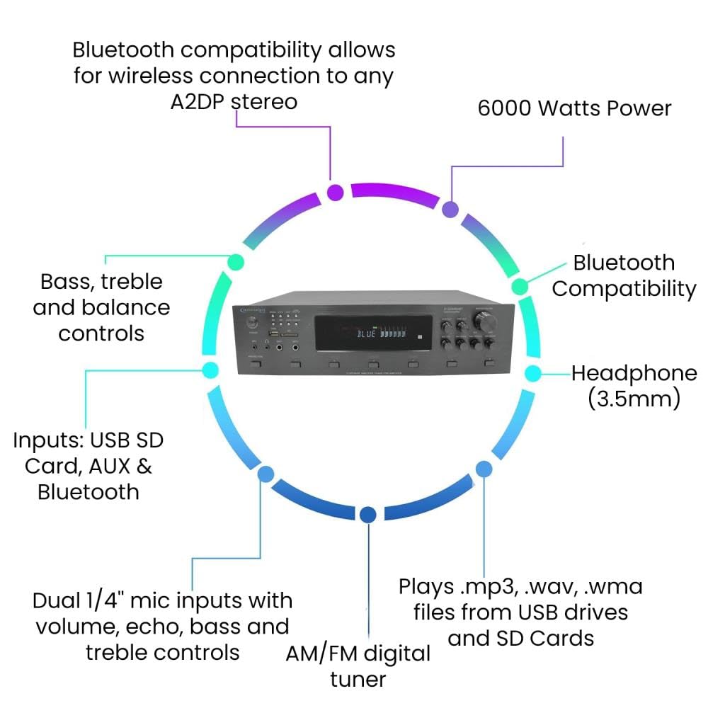 Technical Pro 6000W 6-Zone Bluetooth Hybrid Amplifier - Digital Preamp Tuner with USB/SD Card, 2 Mic Inputs, Bass/Treble Controls, Cooling Fan & LCD Display - Perfect for Home Theater, DJ Setup & Live Performances