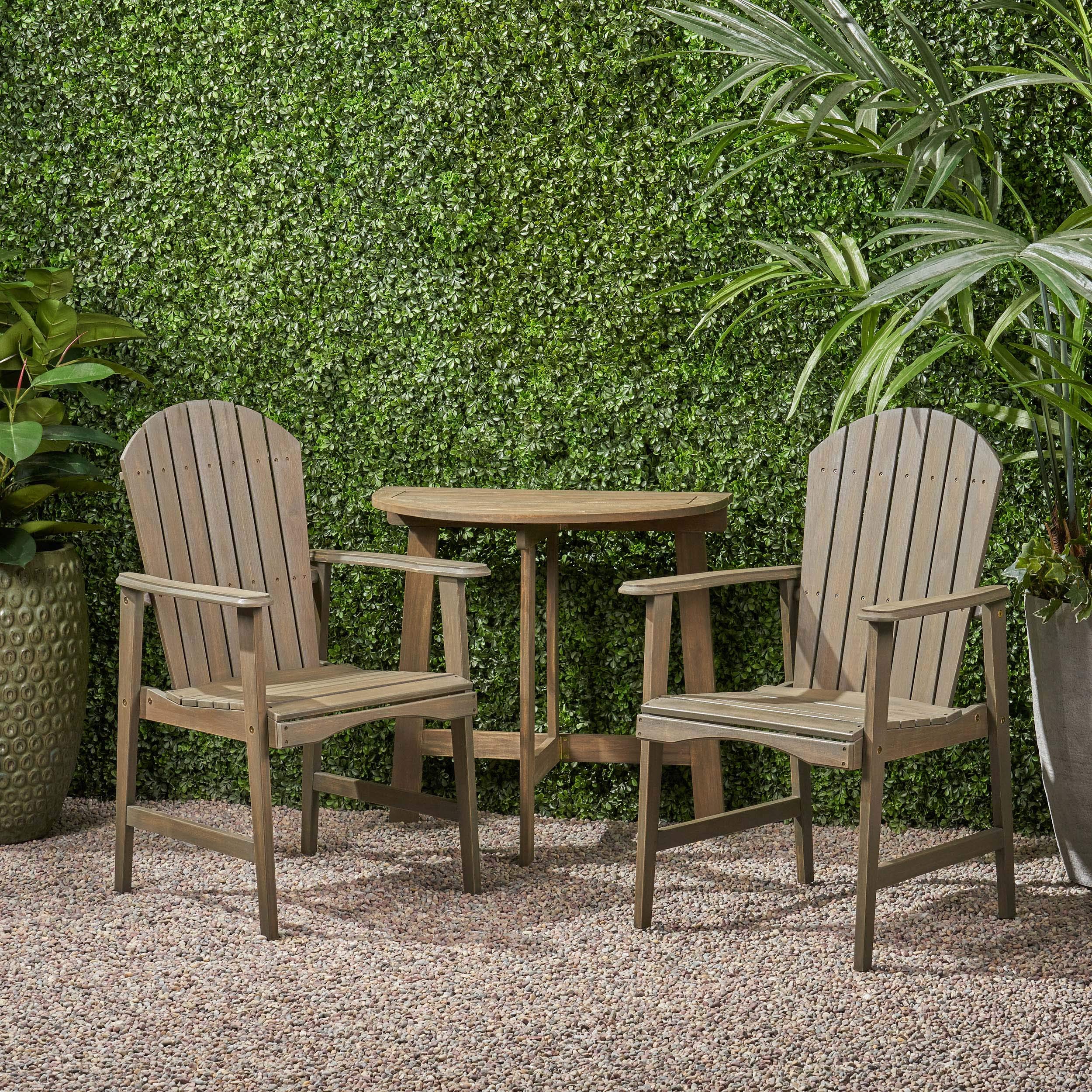 GDFStudio Outdoor 2-Seater Acacia Wood Bistro Table Set with Gray Adirondack Chairs - Half-Round Patio Furniture for Garden, Deck & Backyard Relaxation