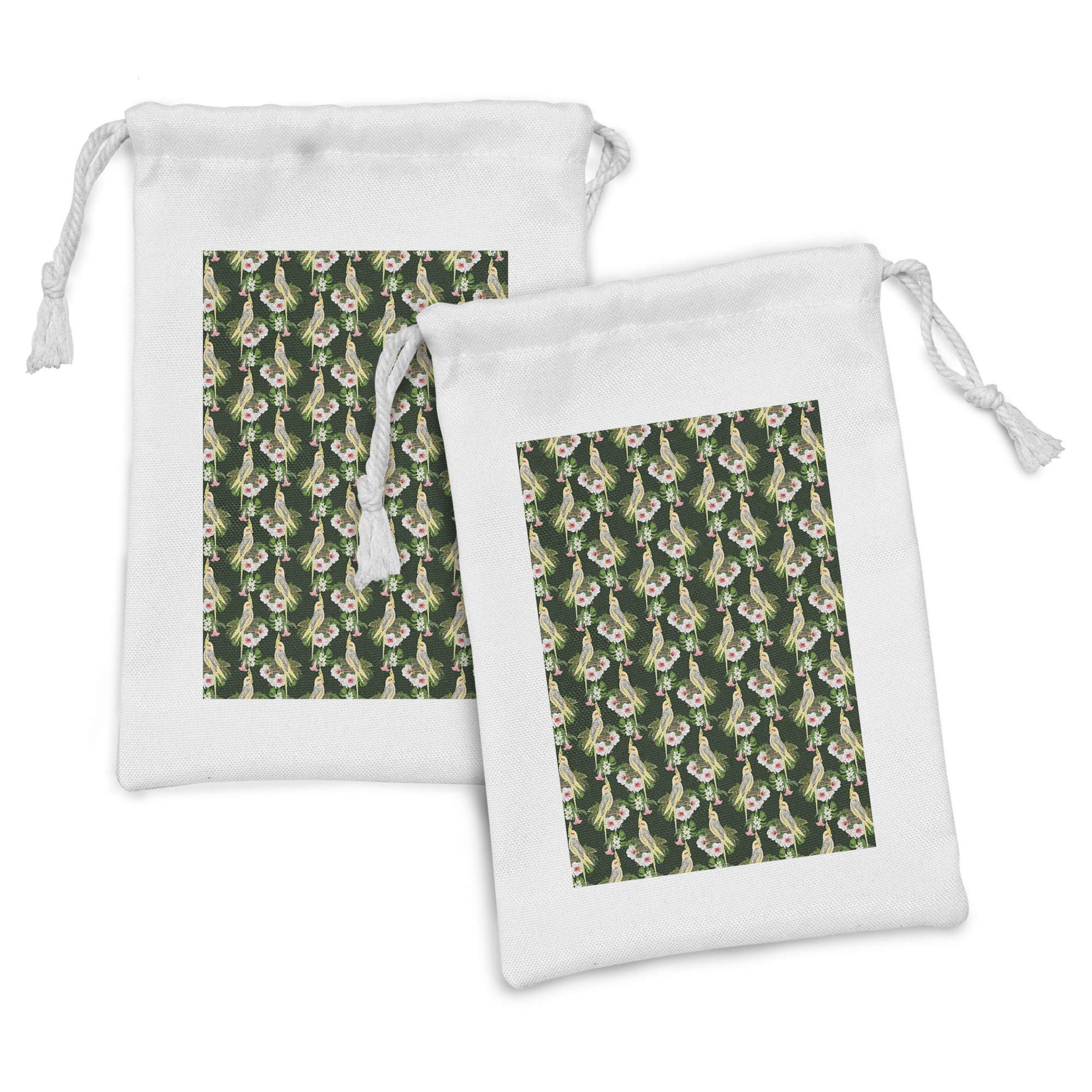 Ambesonne 2-Pack Yellow Bird Fabric Drawstring Pouches - Pastel Exotic Parrot & Tropical Floral Design, 9