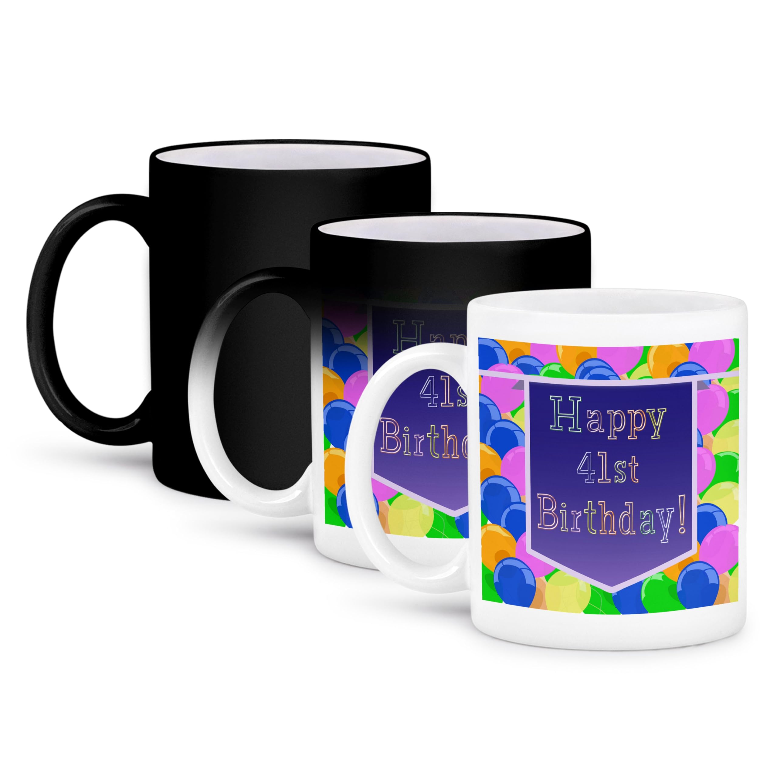 3dRose Happy 41st Birthday Balloons with Purple Banner Transforming Black & White Ceramic Mug - 11 oz Coffee Cup for Birthday Gifts, Office Use & Home Decor