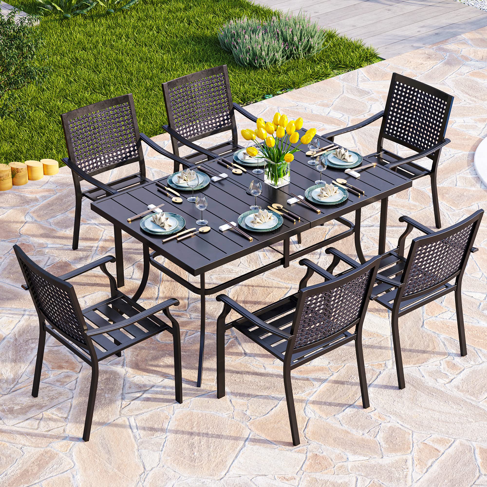 PHI VILLA 7-Piece Outdoor Dining Set - Modern Metal Patio Table with Umbrella Hole & 6 Wrought Iron Chairs - Perfect for Backyard, Garden, Bistro and Poolside Dining