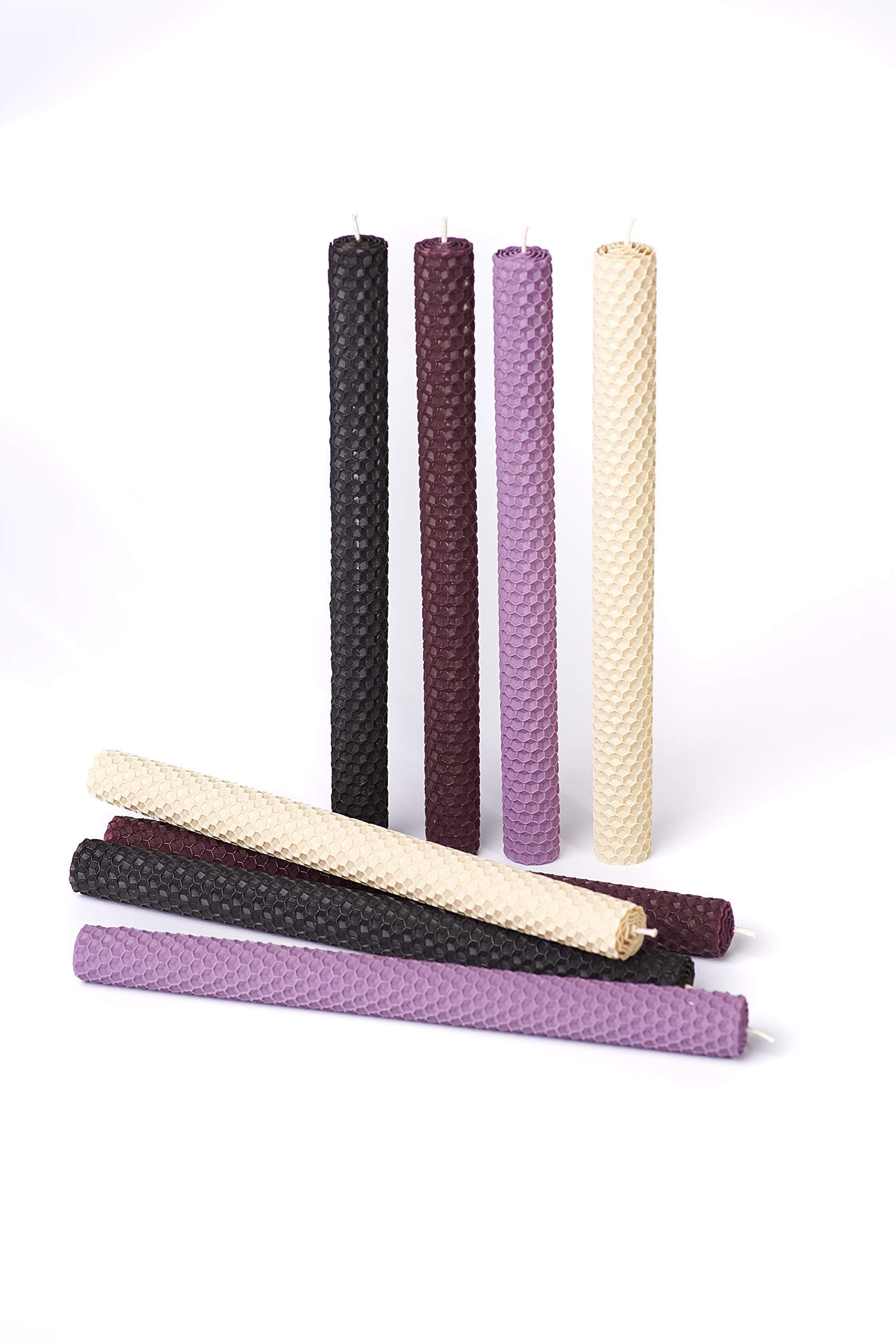 Premium 8-Pack Natural Pure Beeswax Taper Candles - Eco-Friendly Handmade Dripless Candles for Home Decor, Romantic Dinners, Church Ceremonies & Special Events (Black, Lavender, Purple, Ivory, 10.2