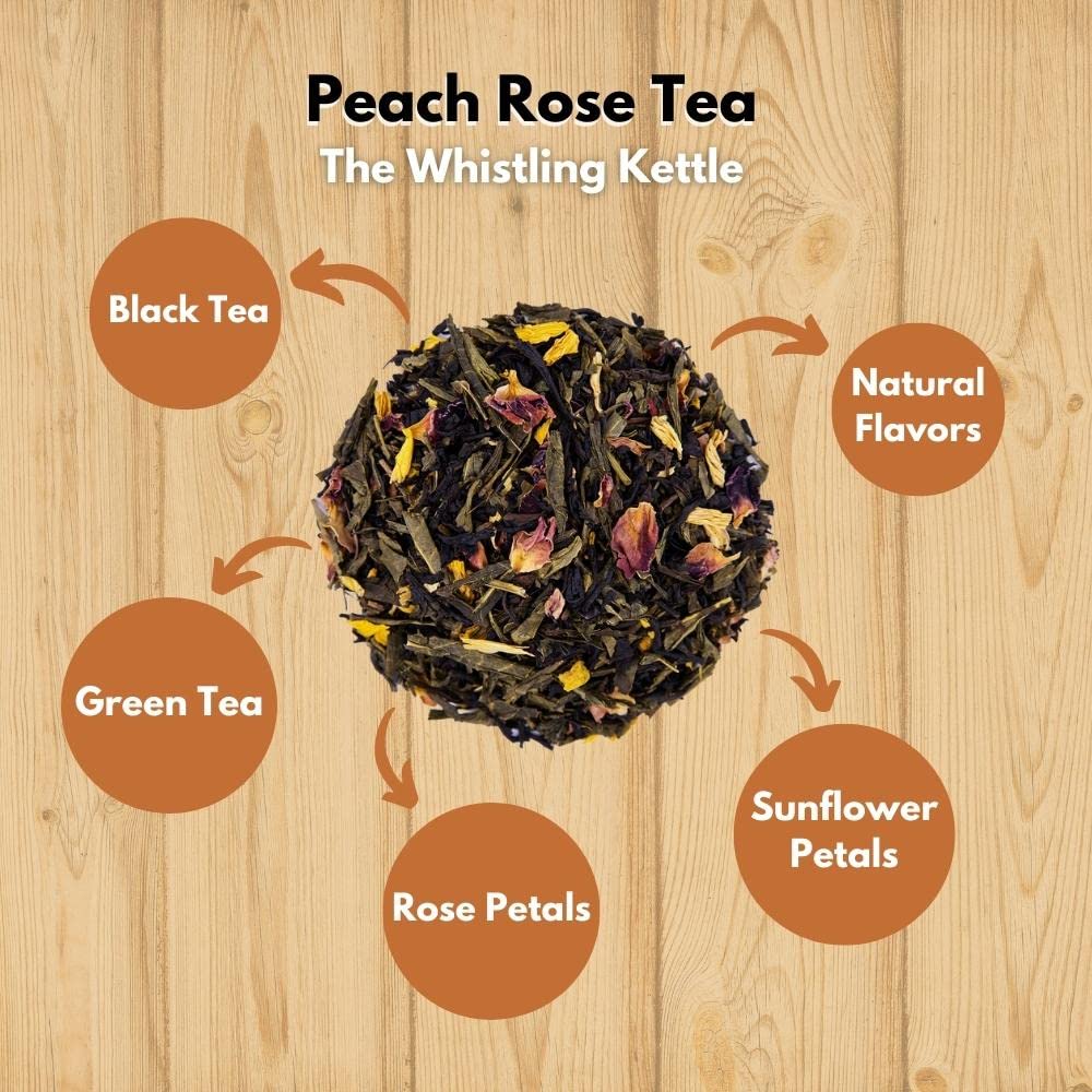 Whistling Kettle Peach Rose Green Tea - Fruity Floral Flavored Loose Leaf Tea with Natural Peach & Rose Petals - 4oz (80 Servings) - Perfect for Afternoon Tea, Gifts & Relaxation
