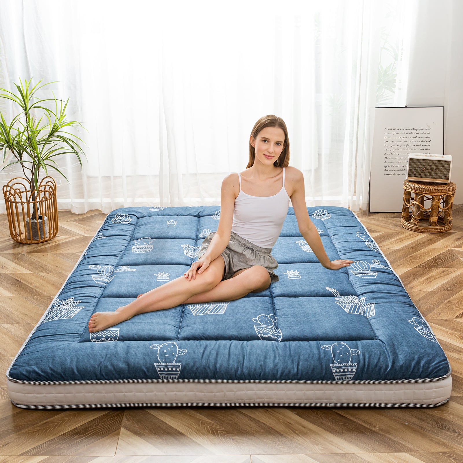 MAXYOYO Extra Thick Japanese Floor Futon Mattress - Grey Cactus Pattern Foldable Sleeping Pad for Guest Room, Camping & Small Space Living