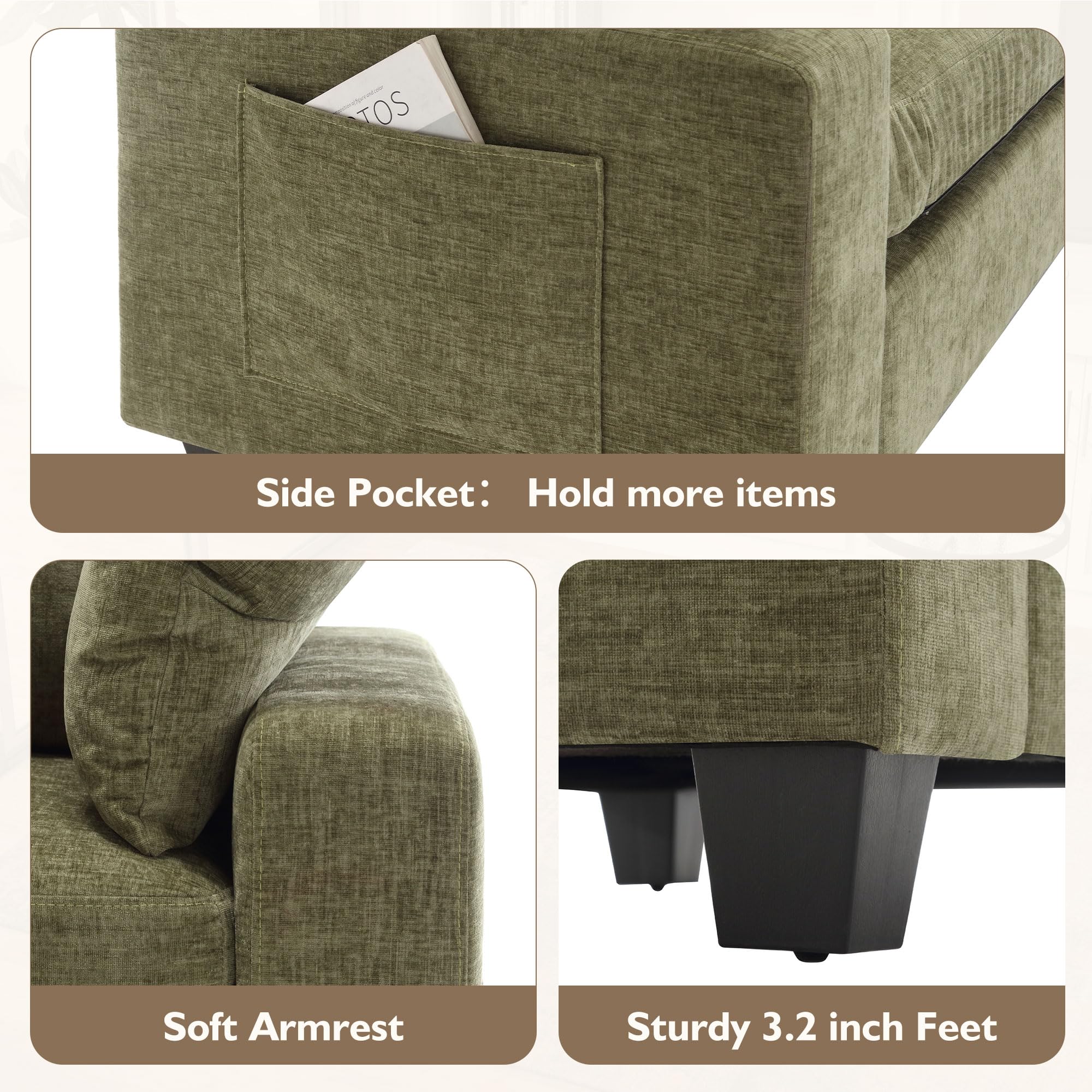 Ihanherry Oversized Chaise Lounge Chair with Ottoman - Chenille Upholstered Sleeper Sofa for Bedroom & Living Room (Green) - Perfect for Relaxing & Napping