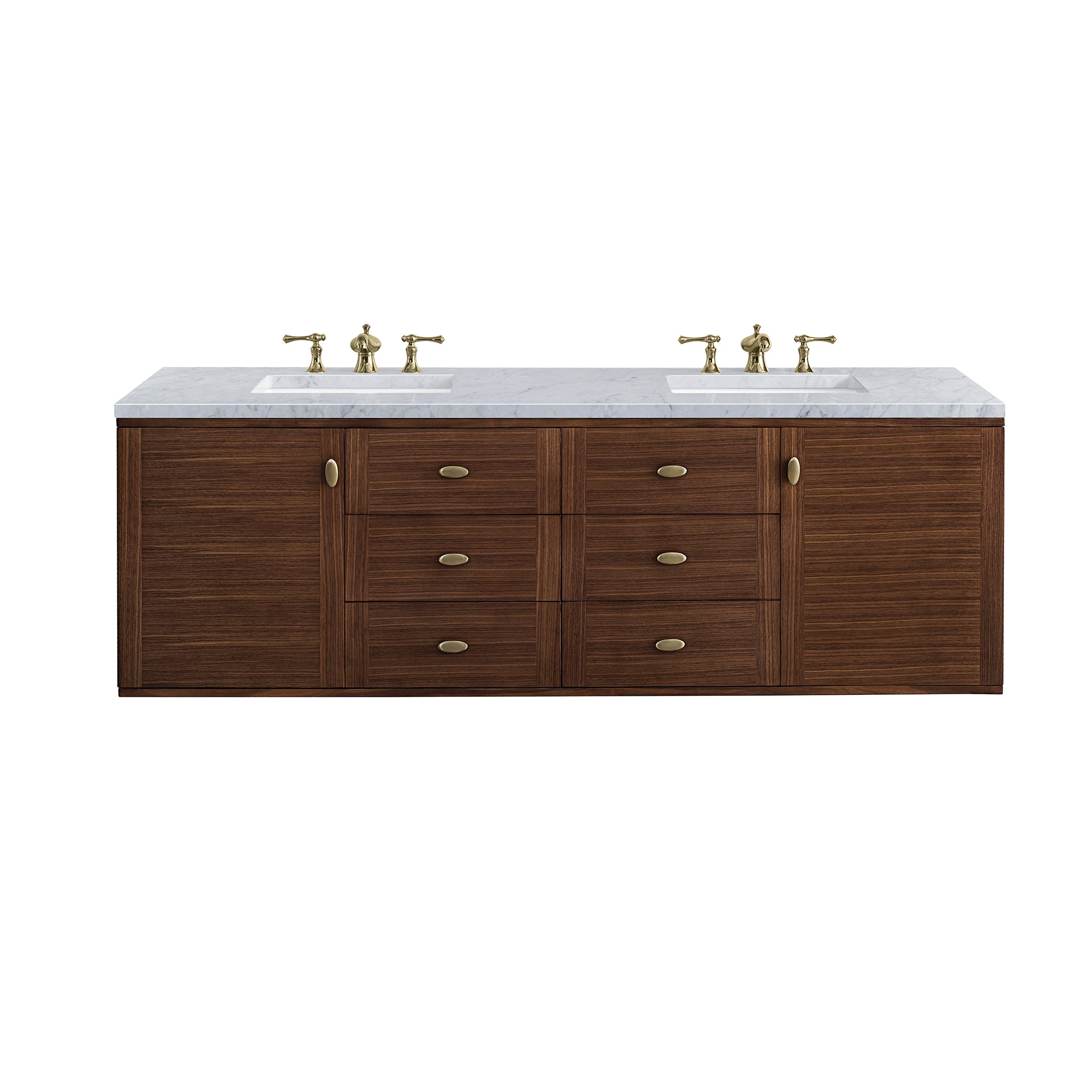 Amberly 72 Inch Double Bathroom Vanity - Mid Century Modern Walnut Wood with 3CM Carrara Marble Countertop - Perfect for Master Bathroom & Luxury Home Renovation