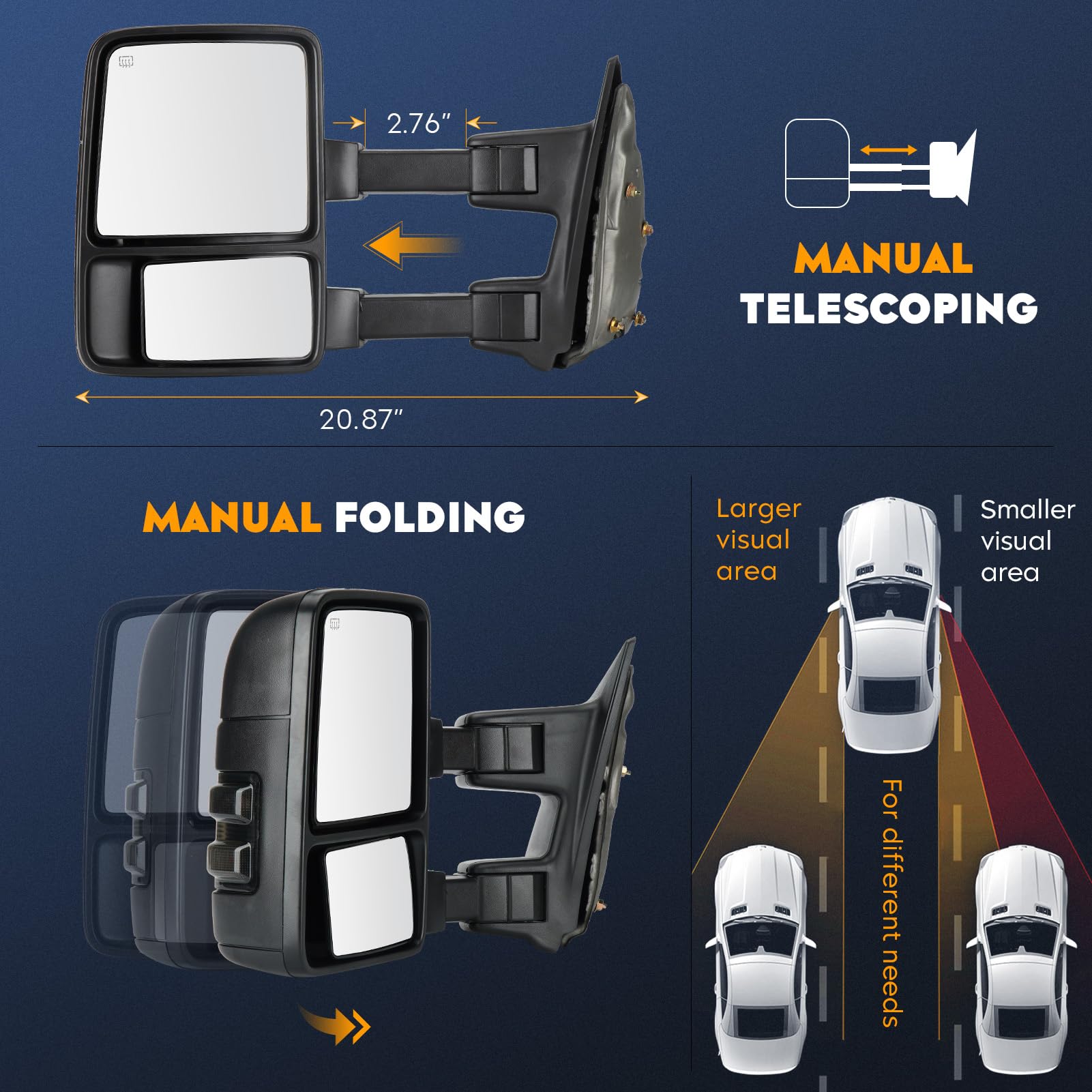 2008-2016 Ford F-250 F-350 Super Duty Power Heated Towing Mirrors with Turn Signal | Manual Folding & Telescoping Design (Pair) | Perfect for Towing Trailers, Boats & RVs
