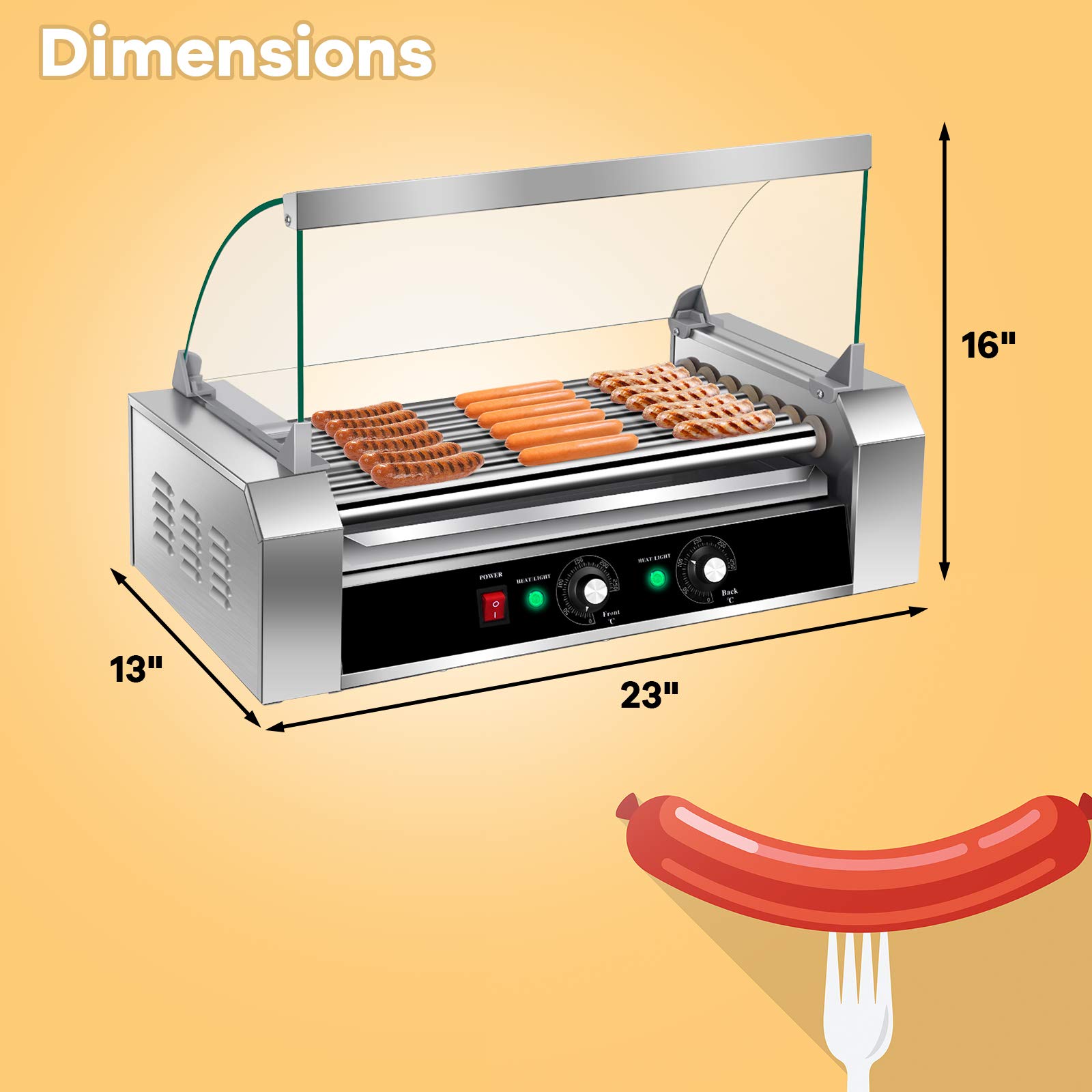 Commercial Electric Hot Dog Roller Machine - 18 Hot Dog Capacity with 7 Non-Stick Rollers, Removable Stainless Steel Drip Tray & Glass Hood Cover - Perfect for Restaurants, Carnivals, Food Trucks and Home BBQ Parties