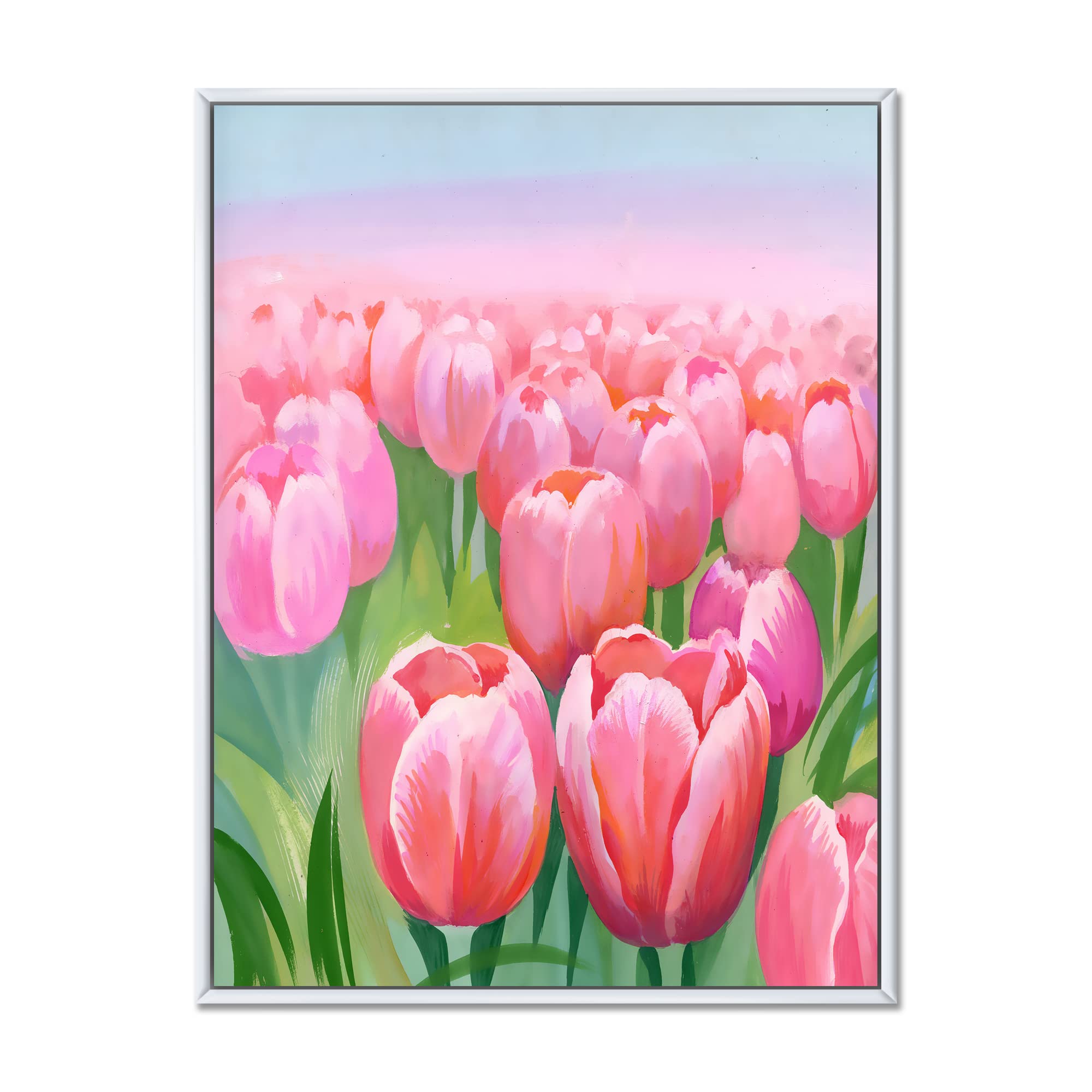 Field of Pink Tulips Framed Canvas Wall Art - Traditional Floral Painting for Living Room, Bedroom & Office Decor
