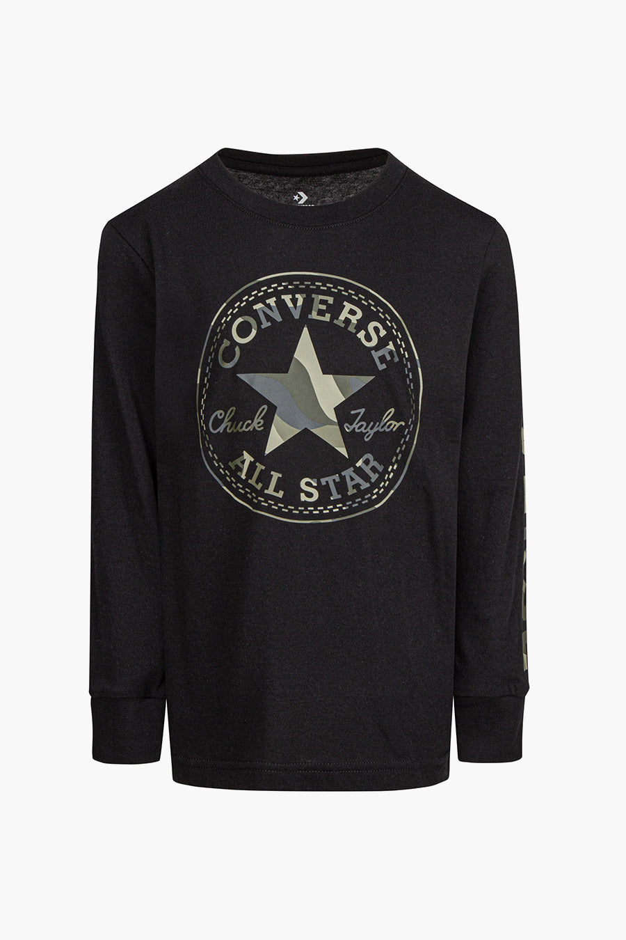 Converse Kids Camo Print Long Sleeve T-Shirt - Black (Size 14/6) | Stylish Camouflage Tee for Boys & Girls | Perfect for School, Playdates & Outdoor Adventures