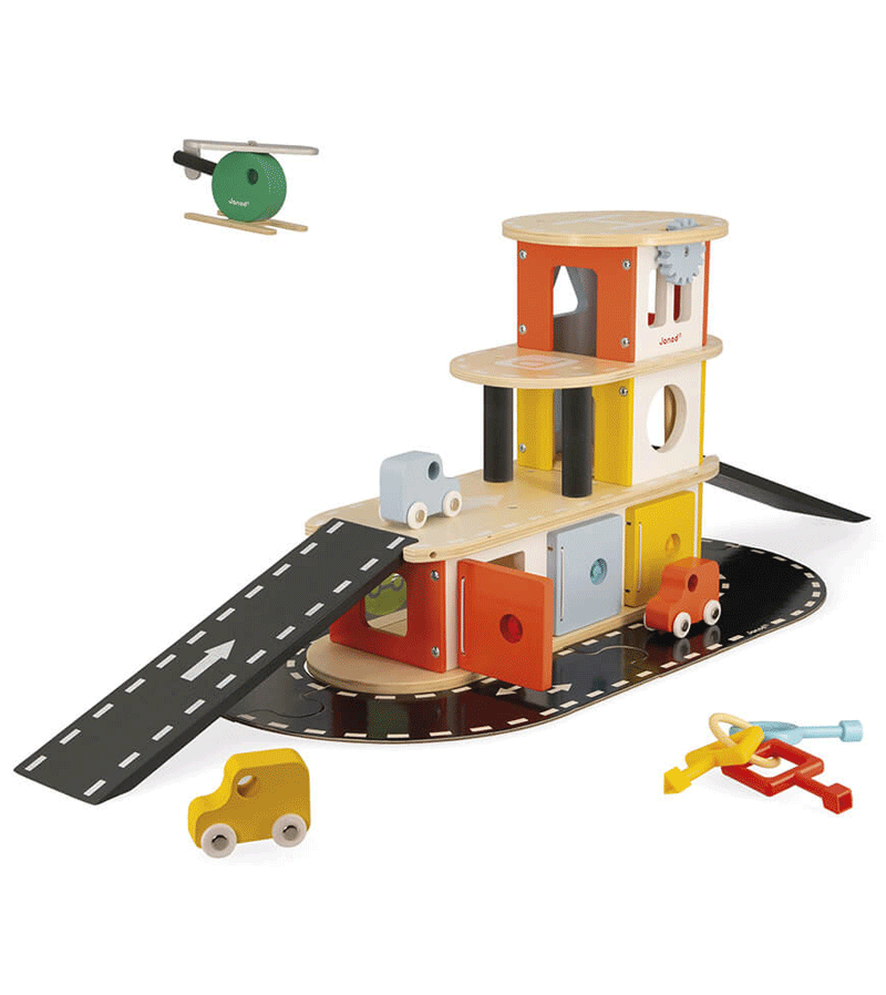 Janod Bolid Garage - Wooden Toy Car Garage for Kids with Elevator & Parking - Perfect for Pretend Play, Gift for Boys & Girls Ages 3+