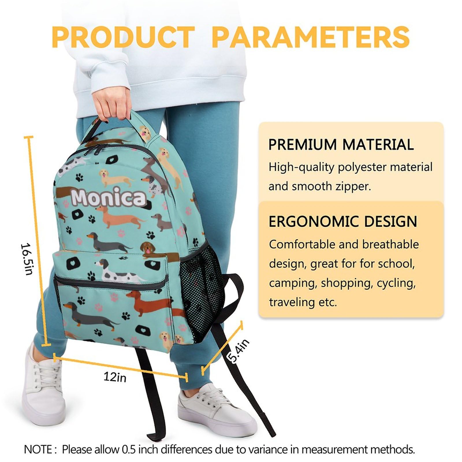Personalized Kids School Backpack for Boys & Girls - 16 Inch Green Bookbag with Cute Dachshund Dog Pattern, Large Capacity Backpack for Elementary Students | Perfect for School, Travel & Daily Use