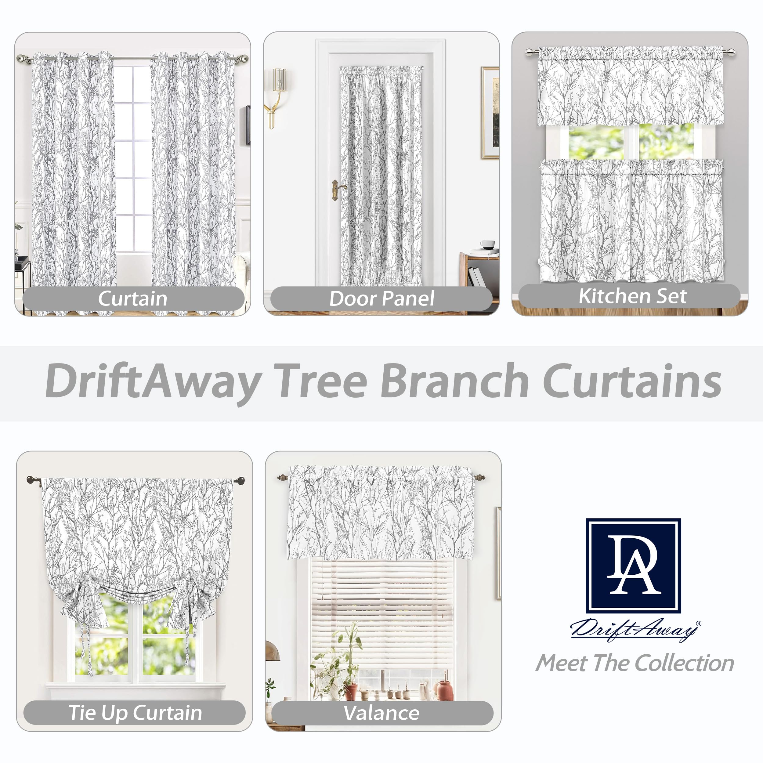 DriftAway 3-Piece Gray and White Kitchen Curtain Set with Valance & Tier - Rod Pocket Light Filtering Window Treatment, 36 Inch - Perfect for Small Half Windows in Bathroom, Living Room, or Kitchen (Tree Branch Design)