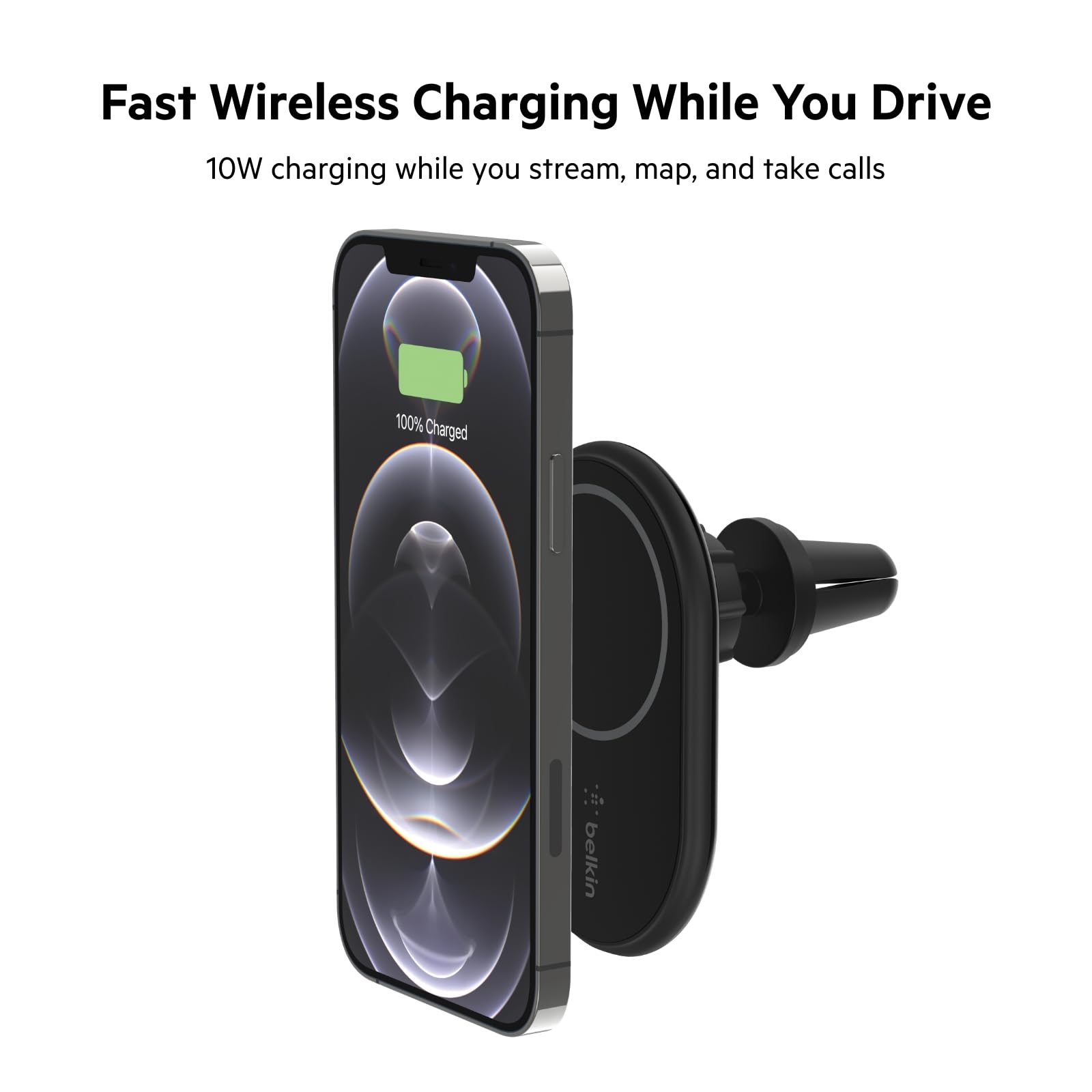Belkin MagSafe-Compatible 10W Magnetic Wireless Car Charger with Vent Mount - BoostCharge Pro Fast Charging for iPhone 16/15/14/13 Series (Includes Power Adapter, Black) | Perfect for Safe Hands-Free Driving & GPS Navigation