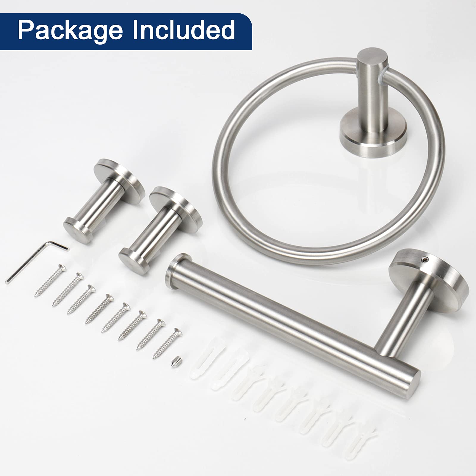 NearMoon 4-Piece Bathroom Hardware Set - Brushed Nickel Stainless Steel Wall Mounted Towel Ring, Toilet Paper Holder & 2 Robe Hooks | Complete Bath Accessories for Modern Home & Luxury Hotel Style Bathrooms