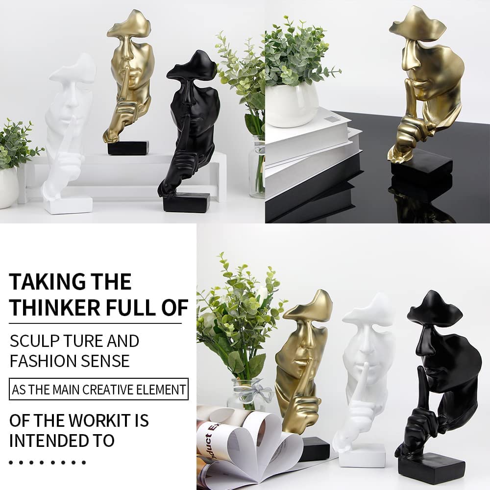 Thinker Statue - Silence is Gold Abstract Art Sculpture, Modern Resin Home & Office Decor for Living Room, Study, Bookshelf | Desktop Figurine for Meditation & Inspiration (Gold)