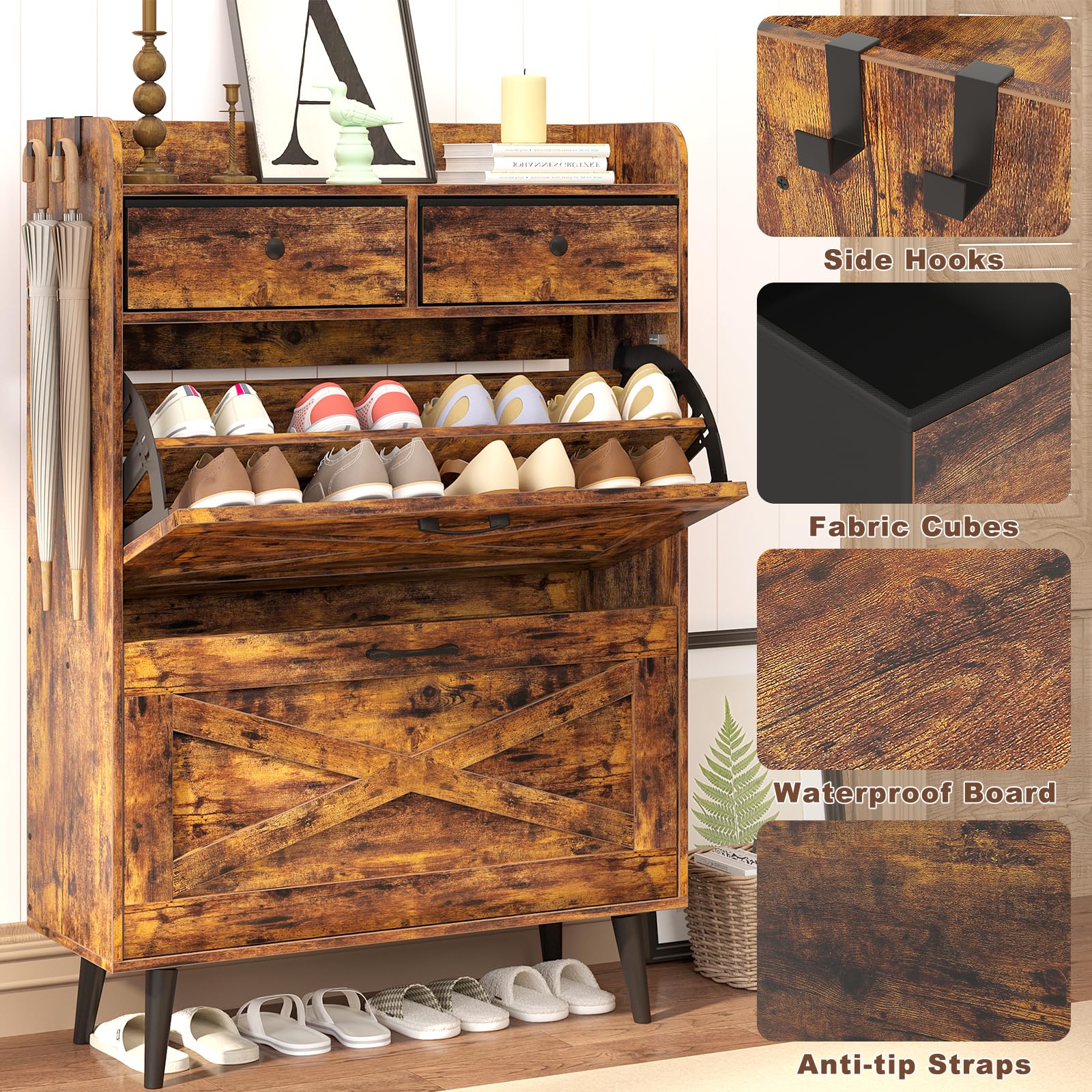 Farmhouse Shoe Storage Cabinet with 2 Flip Drawers & 2 Fabric Bins - Rustic Brown Freestanding Entryway Organizer for Narrow Spaces - Perfect for Mudroom, Closet or Small Apartment Shoe Organization