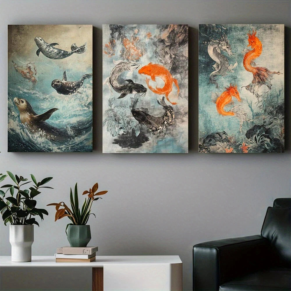 3-Piece Abstract Art Metal Print - Dancing Fish in Water Wall Decor - Ready to Hang - Perfect for Living Room, Bedroom & Office