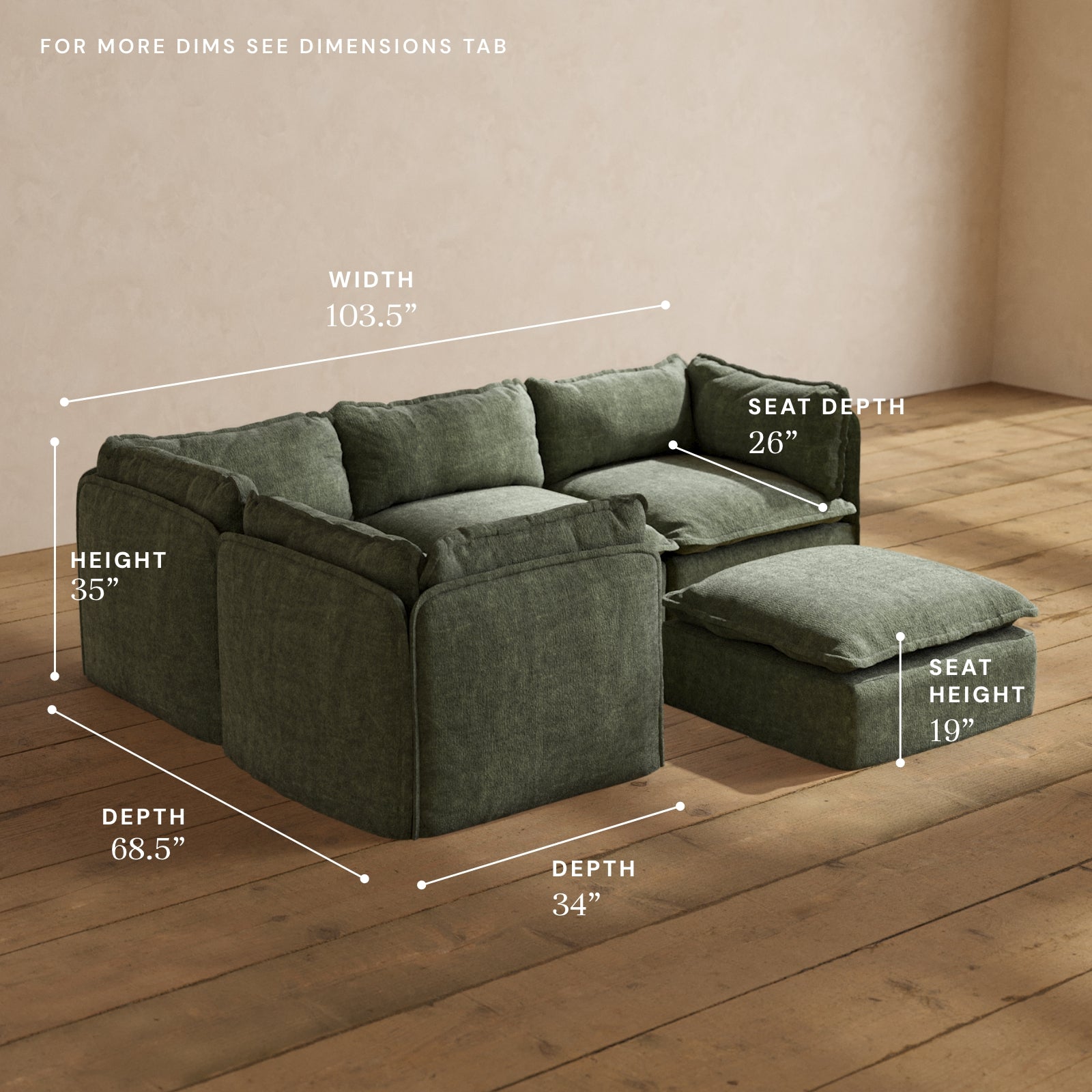Modular Performance 4-Seater Corner Sectional Sofa with Ottoman in Willow Fabric | Deluxe Blend Sofa Set for Living Room, Family Room & Home Theater