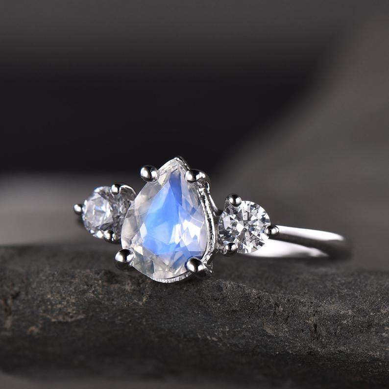 Vintage Pear Moonstone Engagement Ring for Women - 3 Stone Silver/White Gold Wedding Band - Perfect for Proposals, Anniversaries & Romantic Gifts