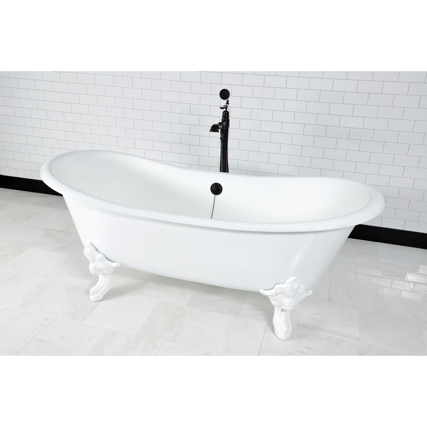 72 Inch White Cast Iron Clawfoot Bathtub - Oval Double Slipper Design (No Faucet Drillings) | Vintage Freestanding Soaking Tub for Luxury Bathroom & Spa Retreat