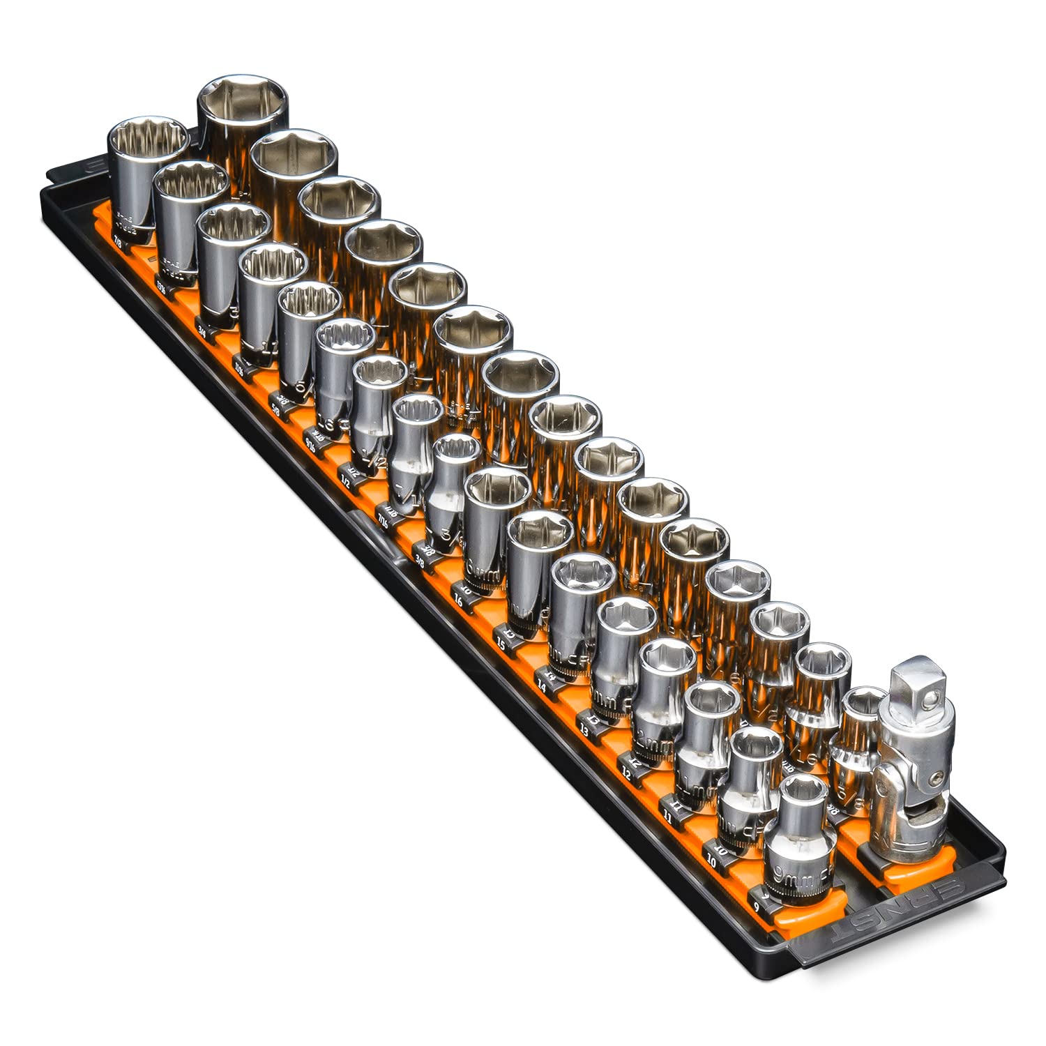Premium 2-Rail 1/2 Inch-Drive Socket Organizer - 18-Inch Orange Socket Boss by Ernst Manufacturing (Made in USA) - Perfect for Toolboxes, Garages & Auto Repair Shops