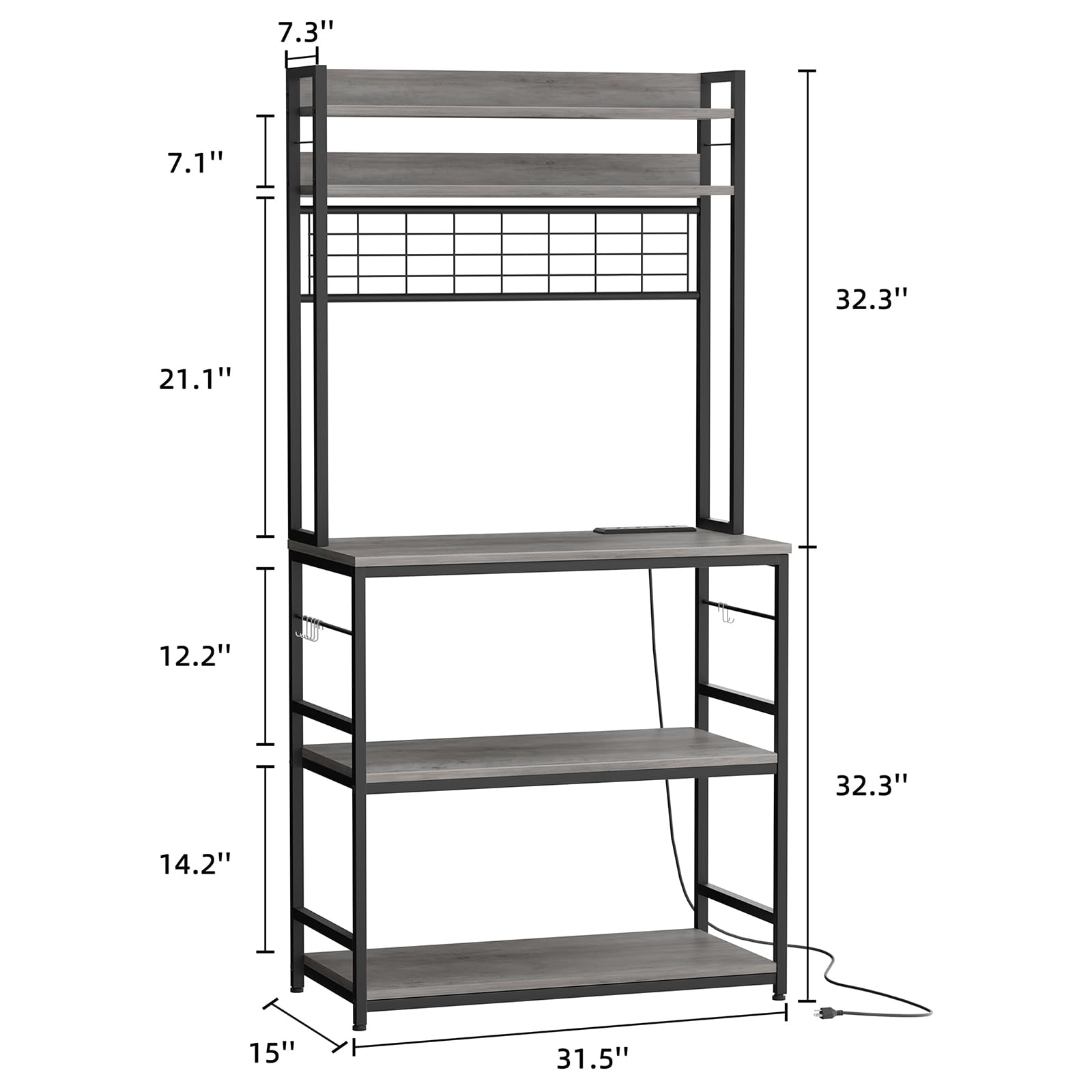 JAMFLY 5-Tier Kitchen Bakers Rack with Power Outlet & Storage Cabinet - Coffee Bar Organizer, Microwave Stand with 10 Hooks & Metal Wire Panel (Grey) - Perfect for Small Kitchens, Pantry Storage & Coffee Station Setup