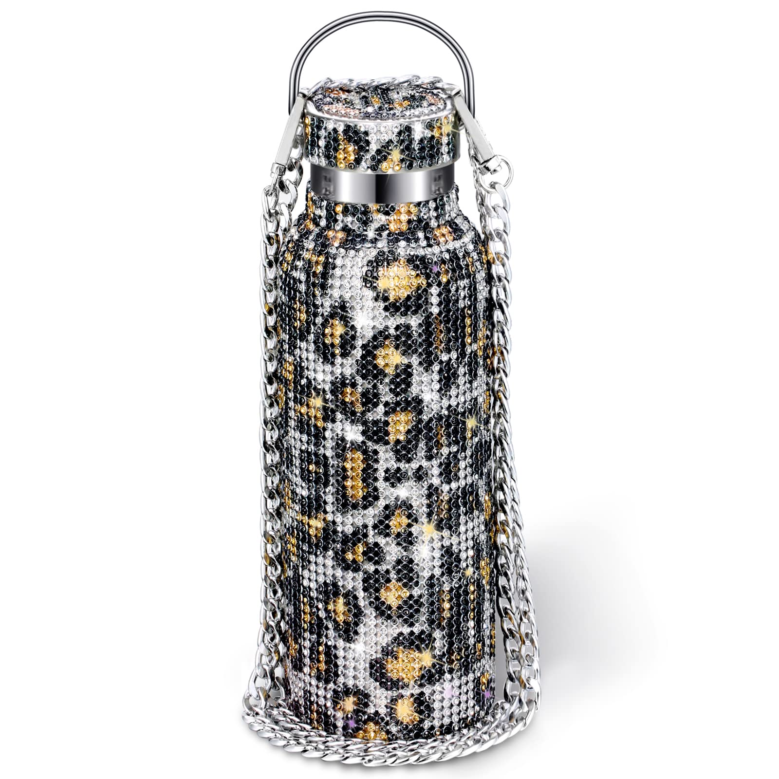 **Diamond Rhinestone Stainless Steel Water Bottle - 750ml Insulated Thermal Flask with Chain, Leopard Print - Perfect for Women & Girls Gifts, Gym, Travel & Everyday Hydration**