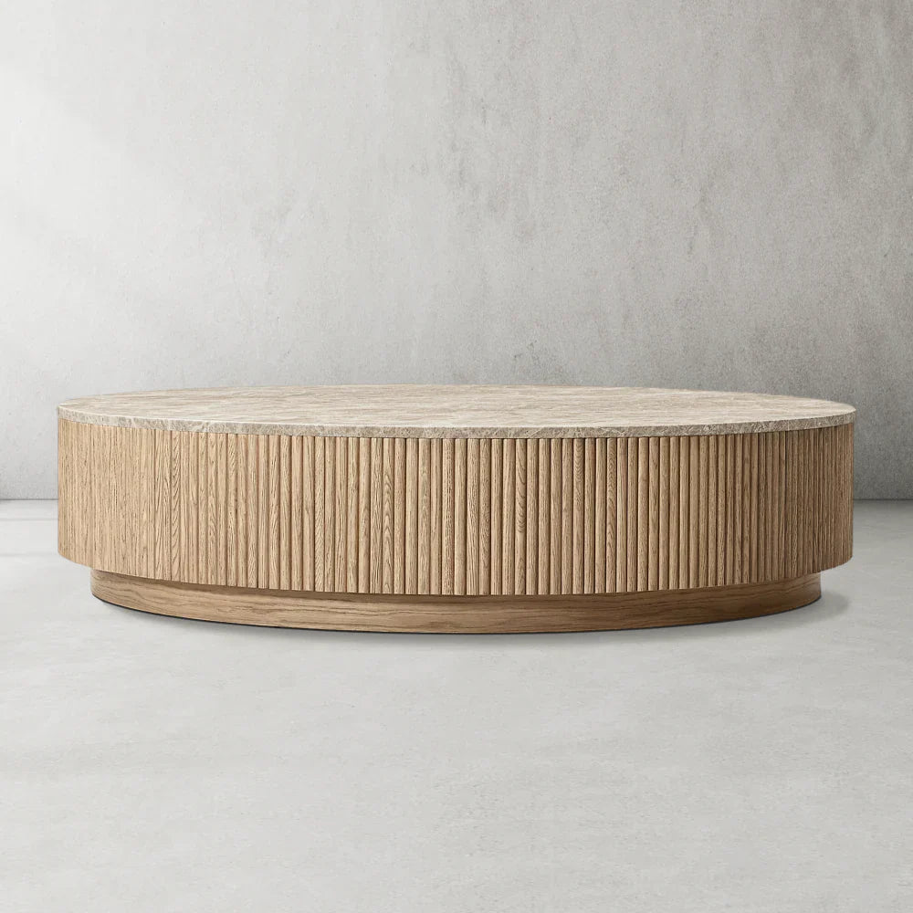 Mulholland Solid Oak Wood & Natural Stone Round Coffee Table - Modern Living Room Centerpiece for Home Decor
