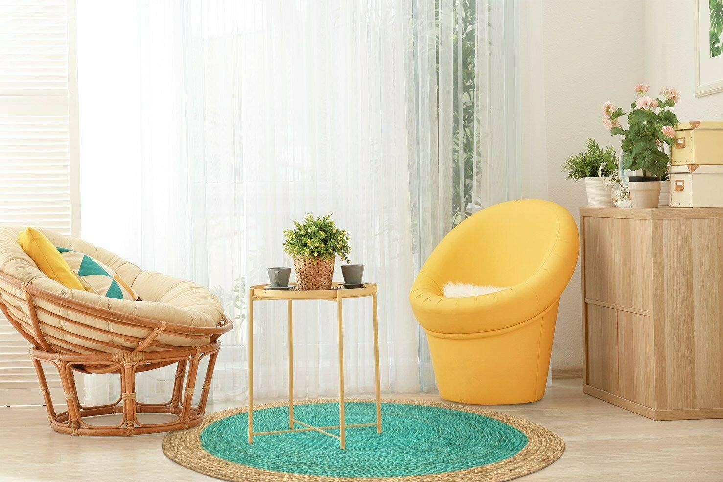 Handmade Natural Jute Round Farmhouse Rug - 12x12 Square Feet Braided Area Carpet in Turquoise for Bedroom, Living Room, Kitchen | Indoor & Outdoor Use - Perfect for Boho Decor, Cozy Home Accents and Patio Flooring